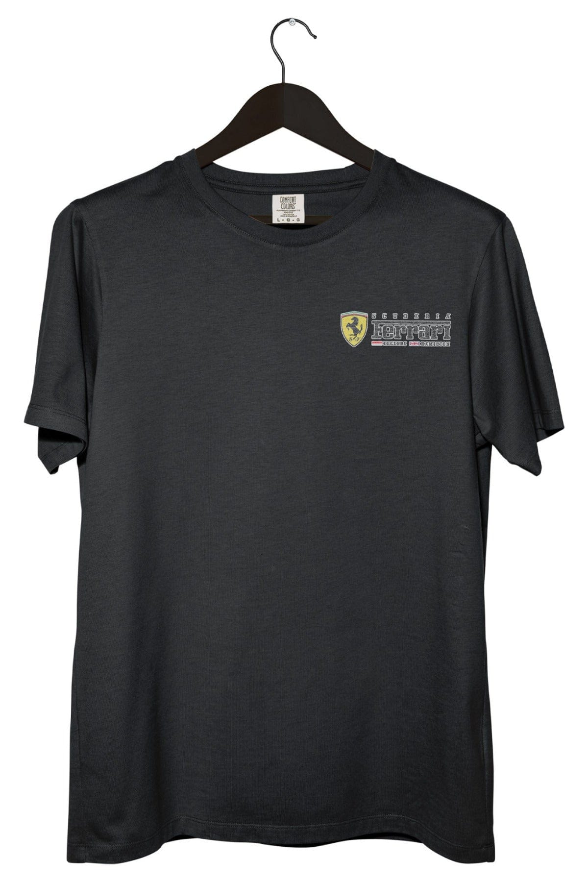 Front of a black Ferrari F1 team graphic tee, designed by Utmost Province.