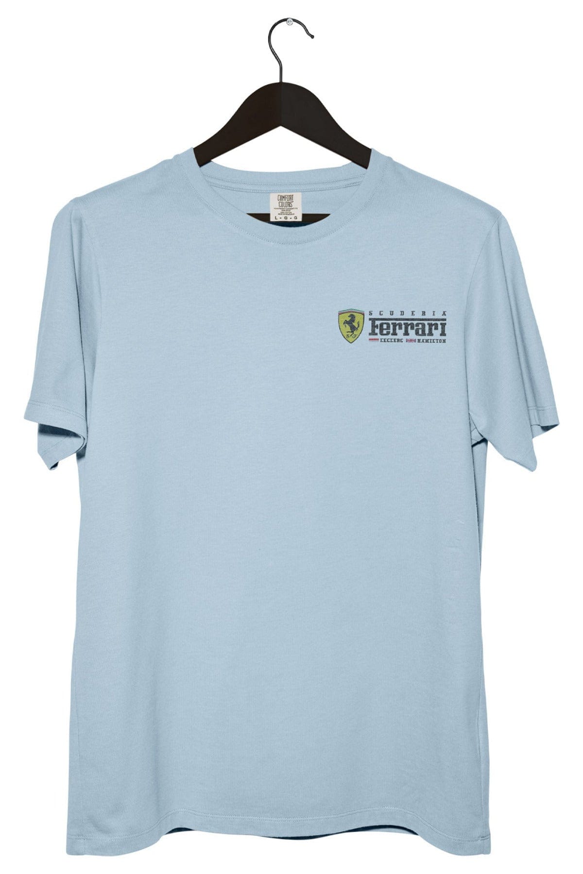 Front of a light blue Ferrari F1 inspired t-shirt with a white background.