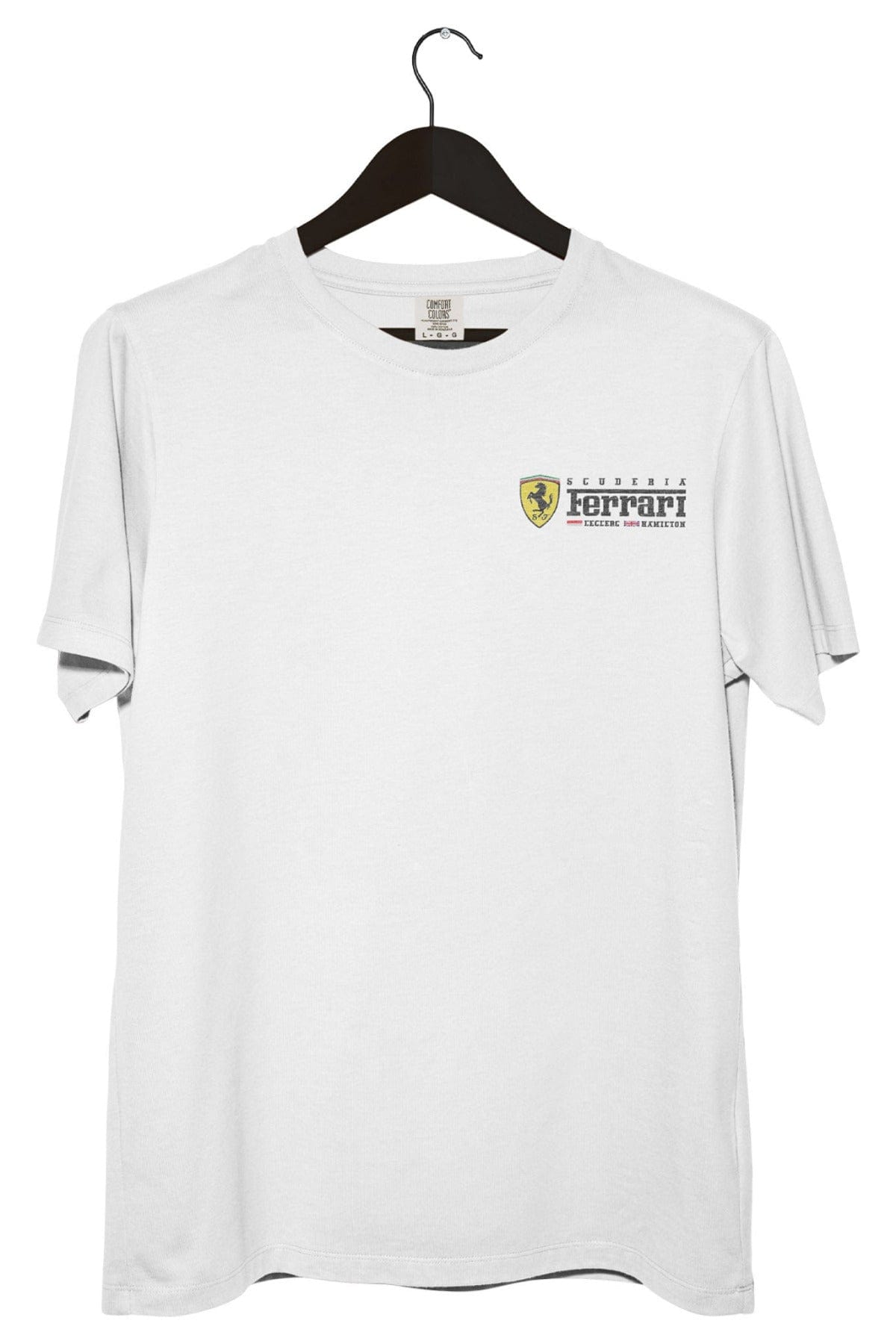 Front of a white Comfort Colors t-shirt featuring Utmost Province custom Ferrari inspired logo.