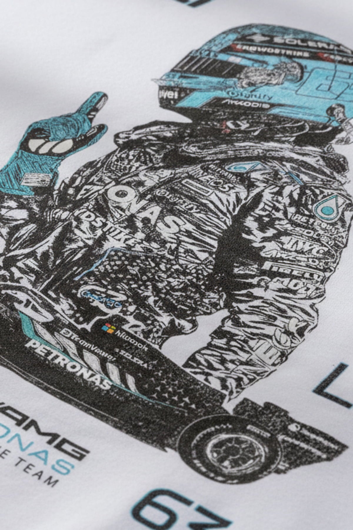 Close up view of the back of a custom George Russell t shirt, highlighting the design that is printed DTG on a white Comfort Colors tee.