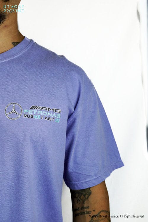 Model wearing a custom Mercedes F1 shirt, showcasing Utmost Province's George Russell Merch collection.