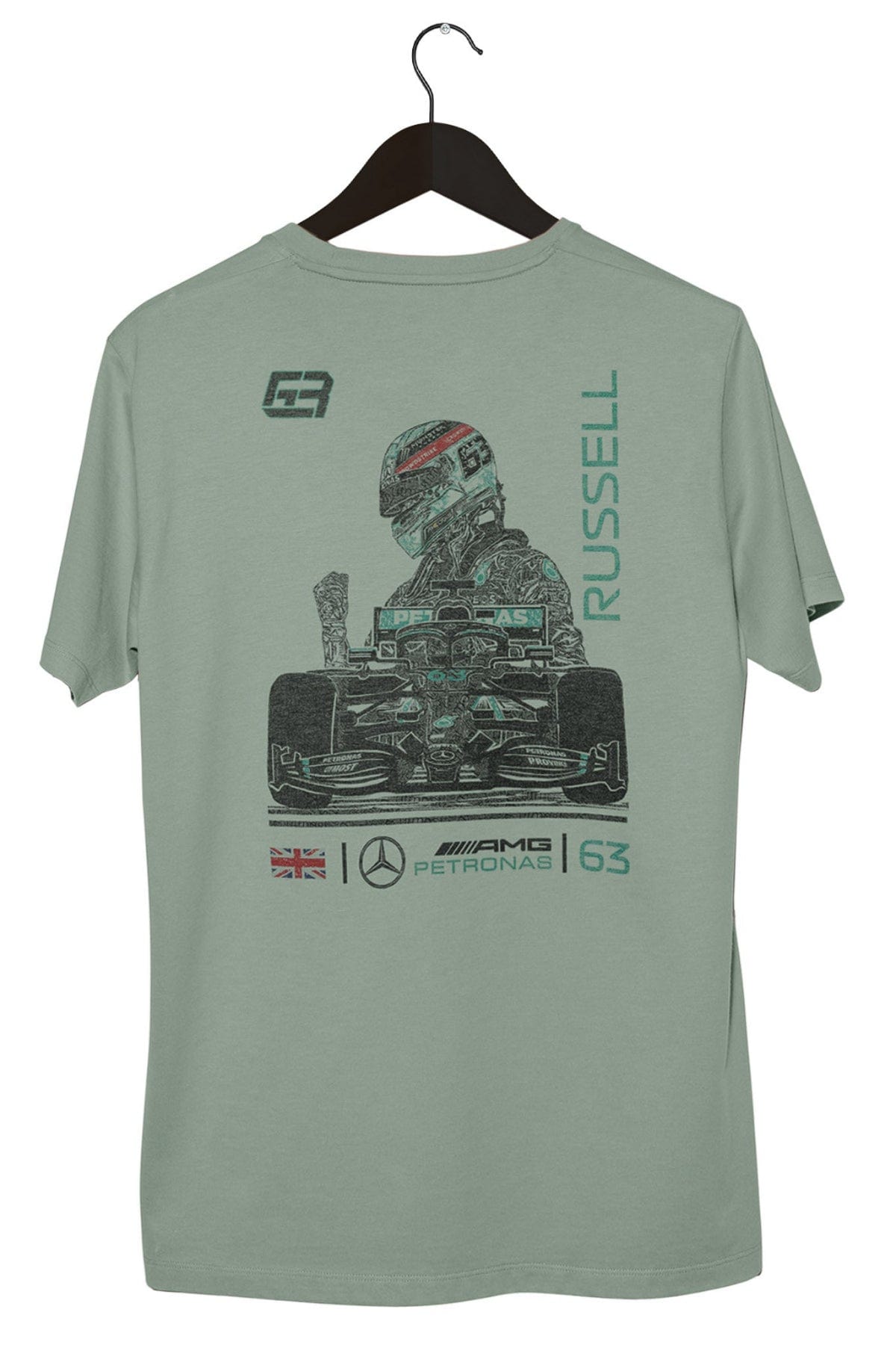 Back of a custom George Russell Shirt designed by Utmost Province, showcasing the unique graphic design on a Bay Comfort Colors t-shirt.