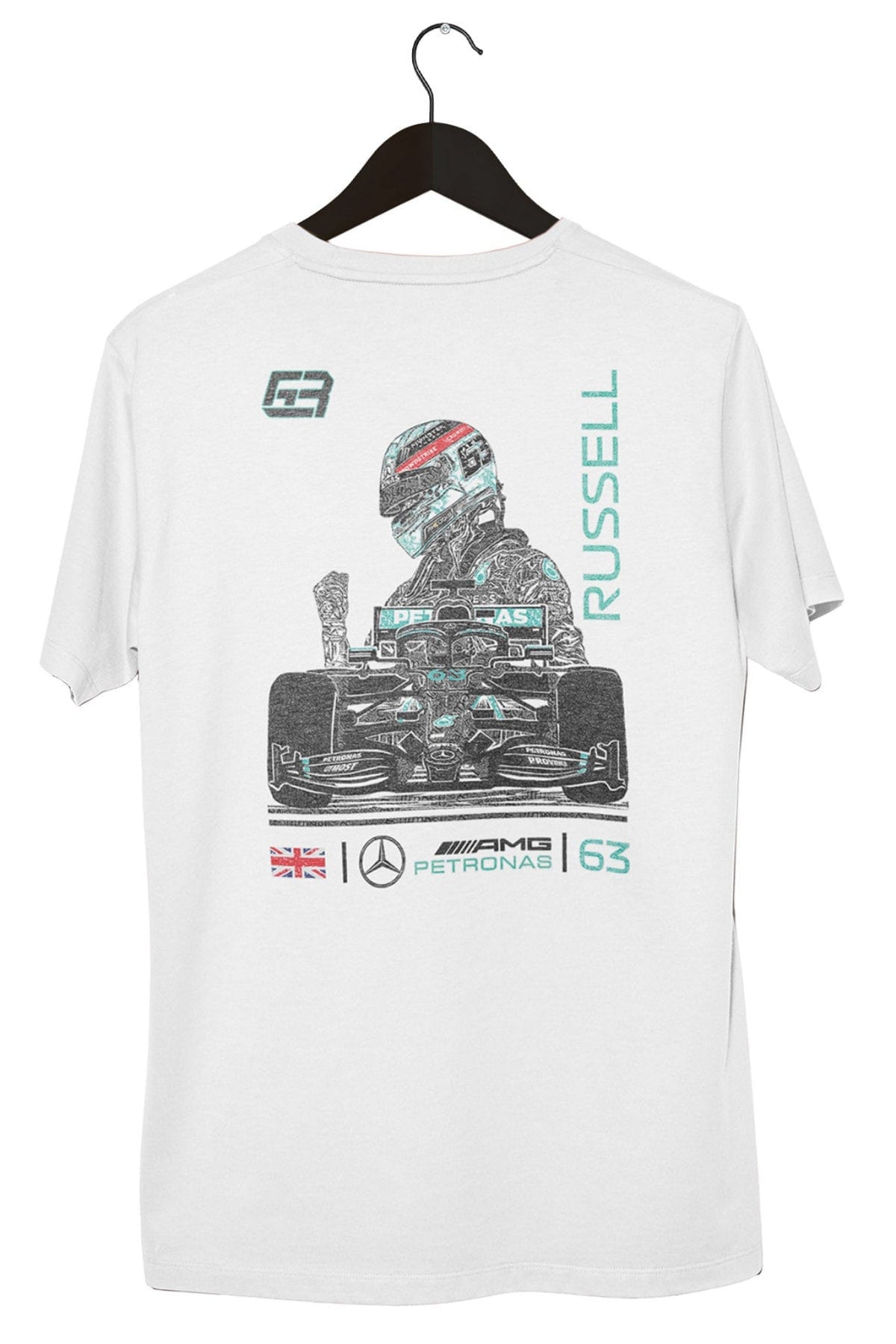 Back of a custom George Russell Shirt designed by Utmost Province, showcasing the unique graphic design on a white Comfort Colors t-shirt.