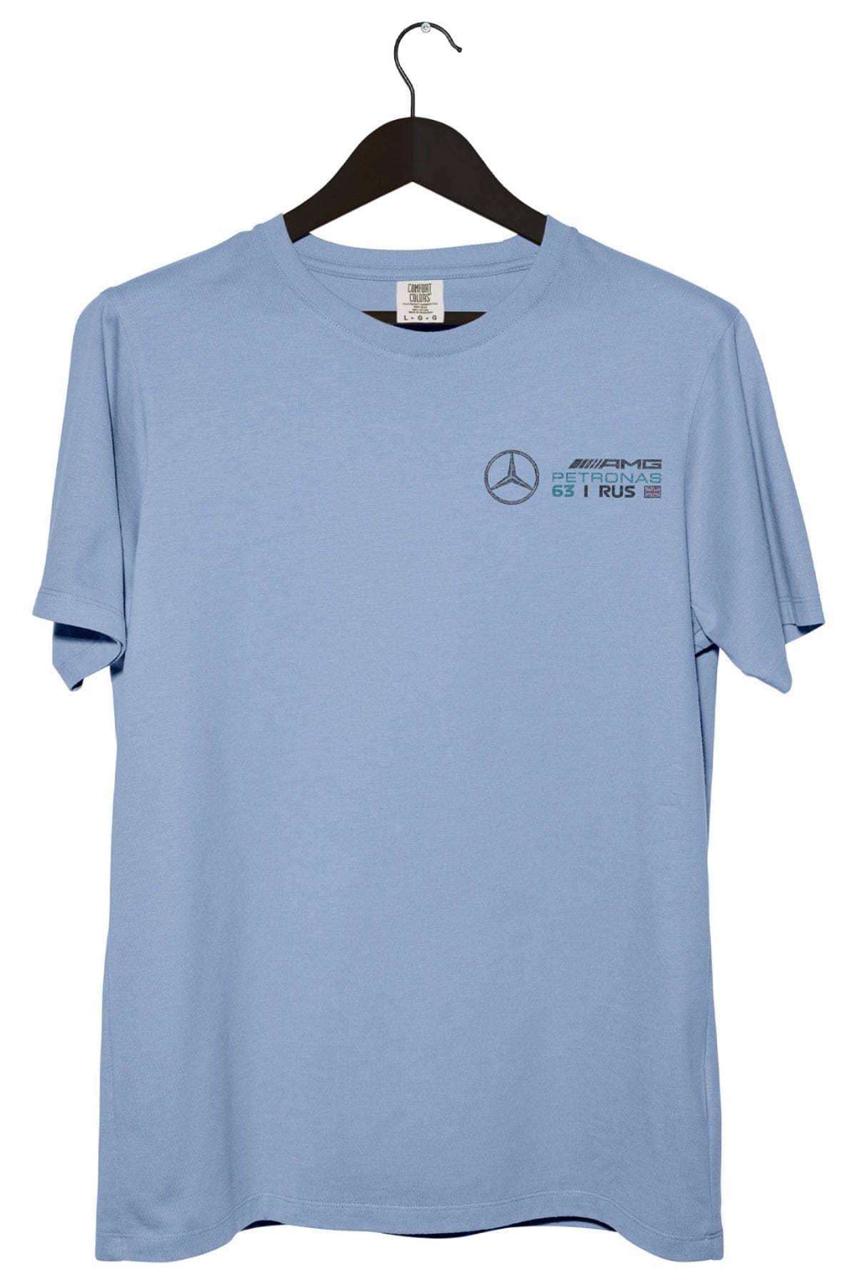 Front of a chambray Comfort Colors shirt featuring Utmost Province's custom Mercedes F1 Racing logo..
