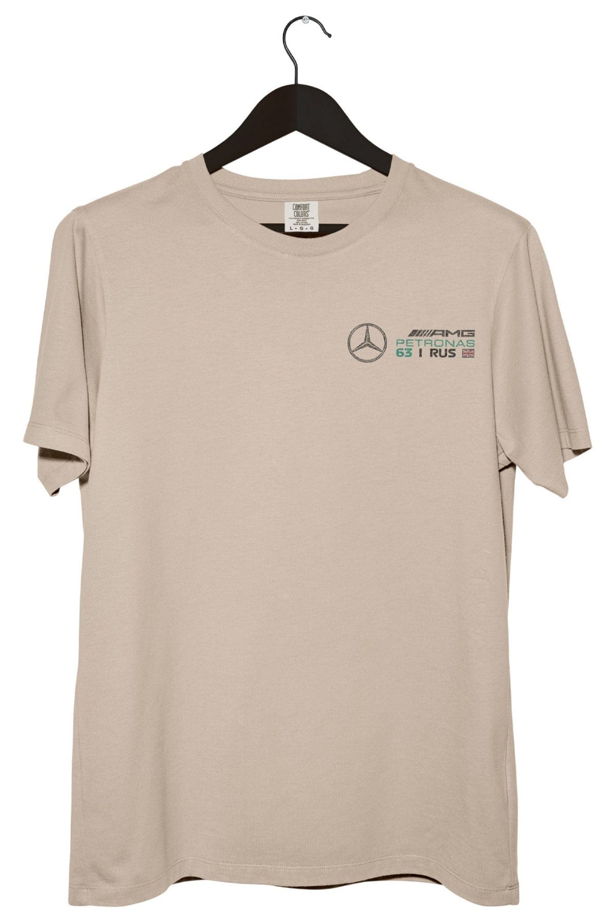 Front of a ivory Comfort Colors shirt featuring Utmost Province's custom Mercedes F1 Racing logo..