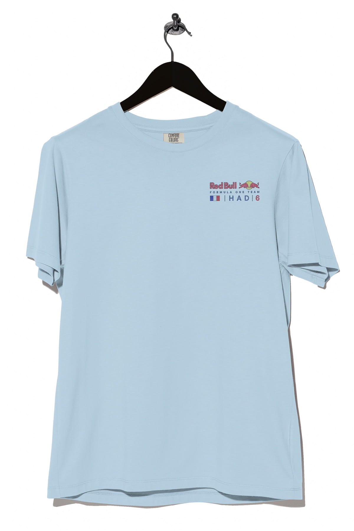 Front view of Utmost Province custom Red Bull Racing t shirt, on a chambray Comfort Colors tee.