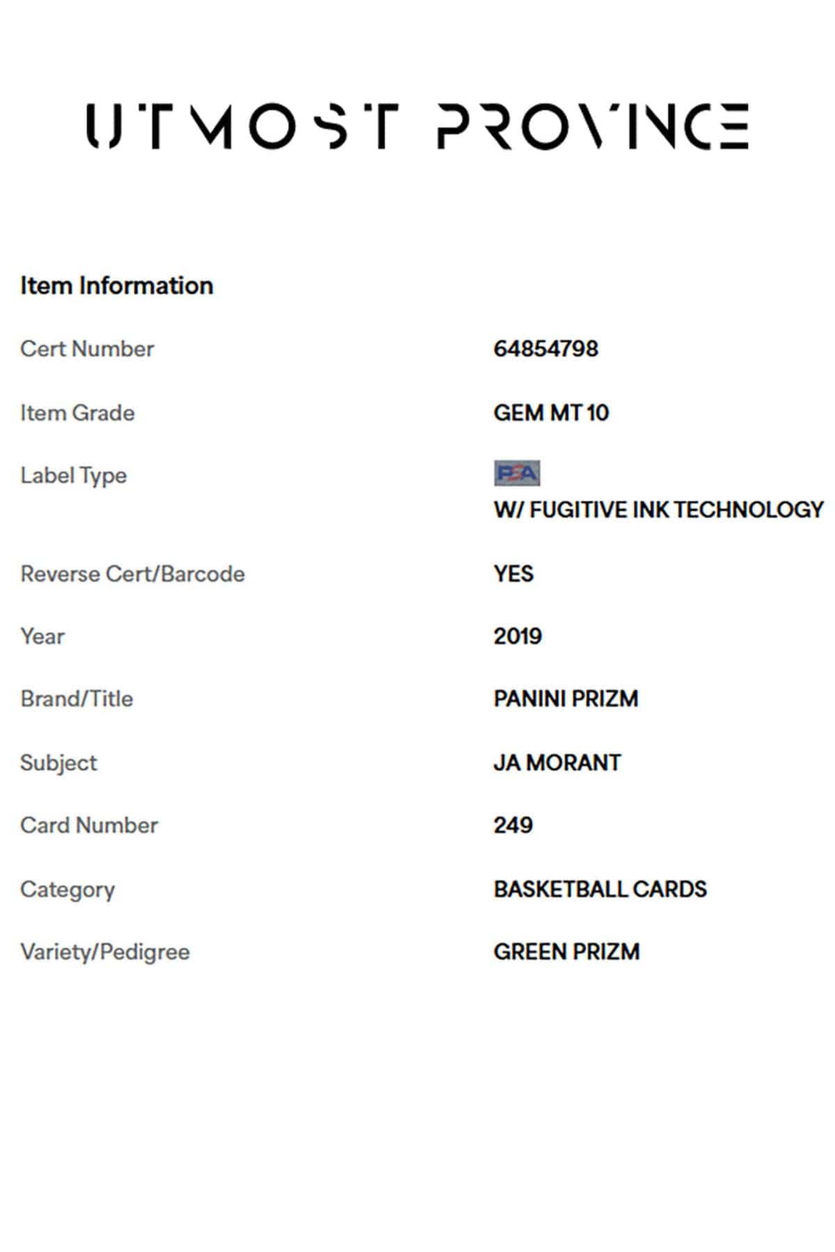 Card with item information including a cert number, grade, and details about a basketball card from Panini Prizm.