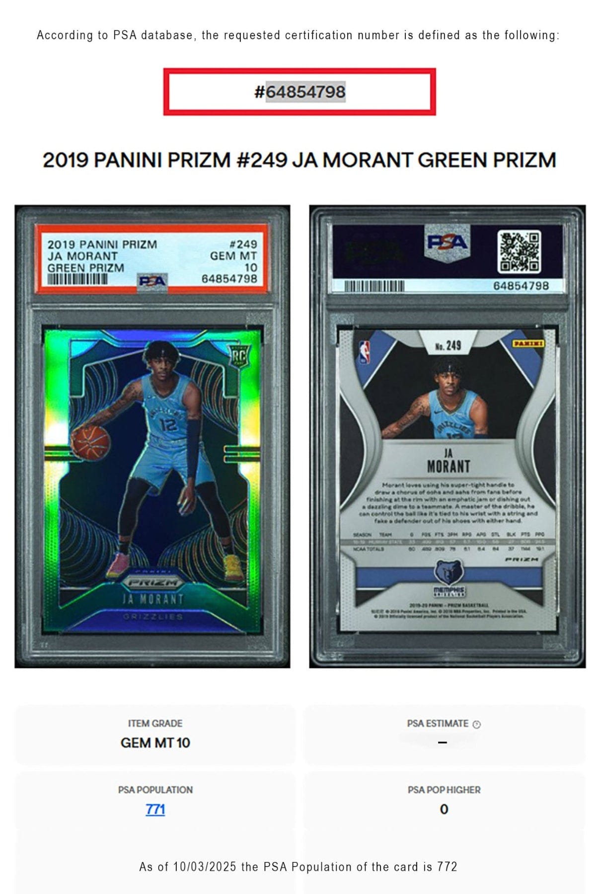 PSA certification number and information on the Ja Morant rookie card, for authenticity check.