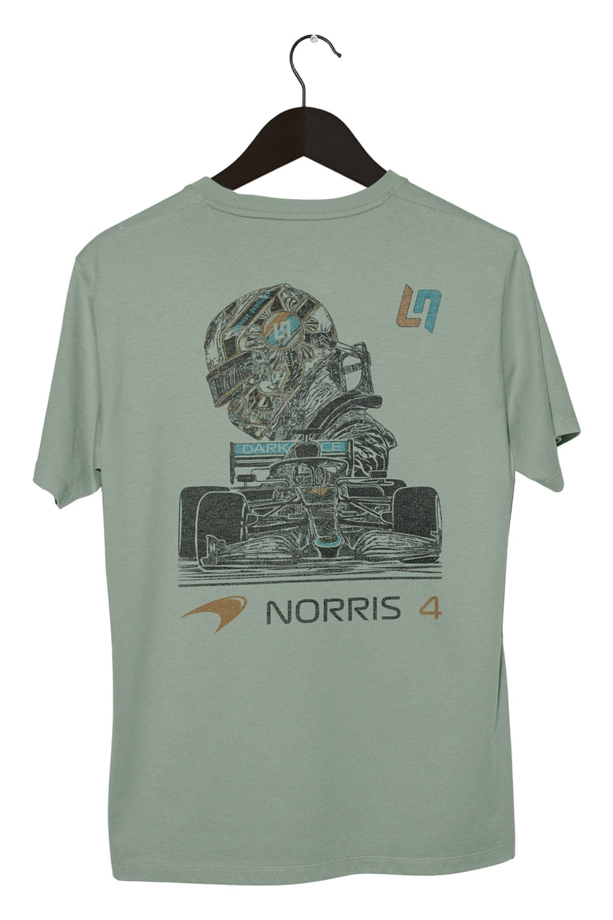 Custom Lando Norris t-shirt on a black hanger. Highlighting the graphic design printed on the back of a Comfort Colors shirt