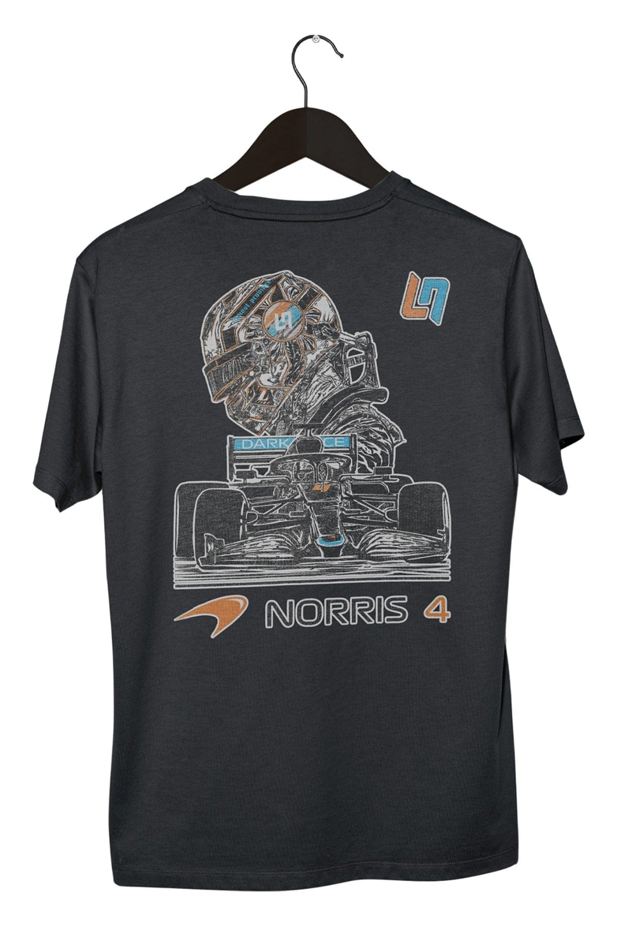 The back of a black Lando Norris F1 Mclaren t shirt.