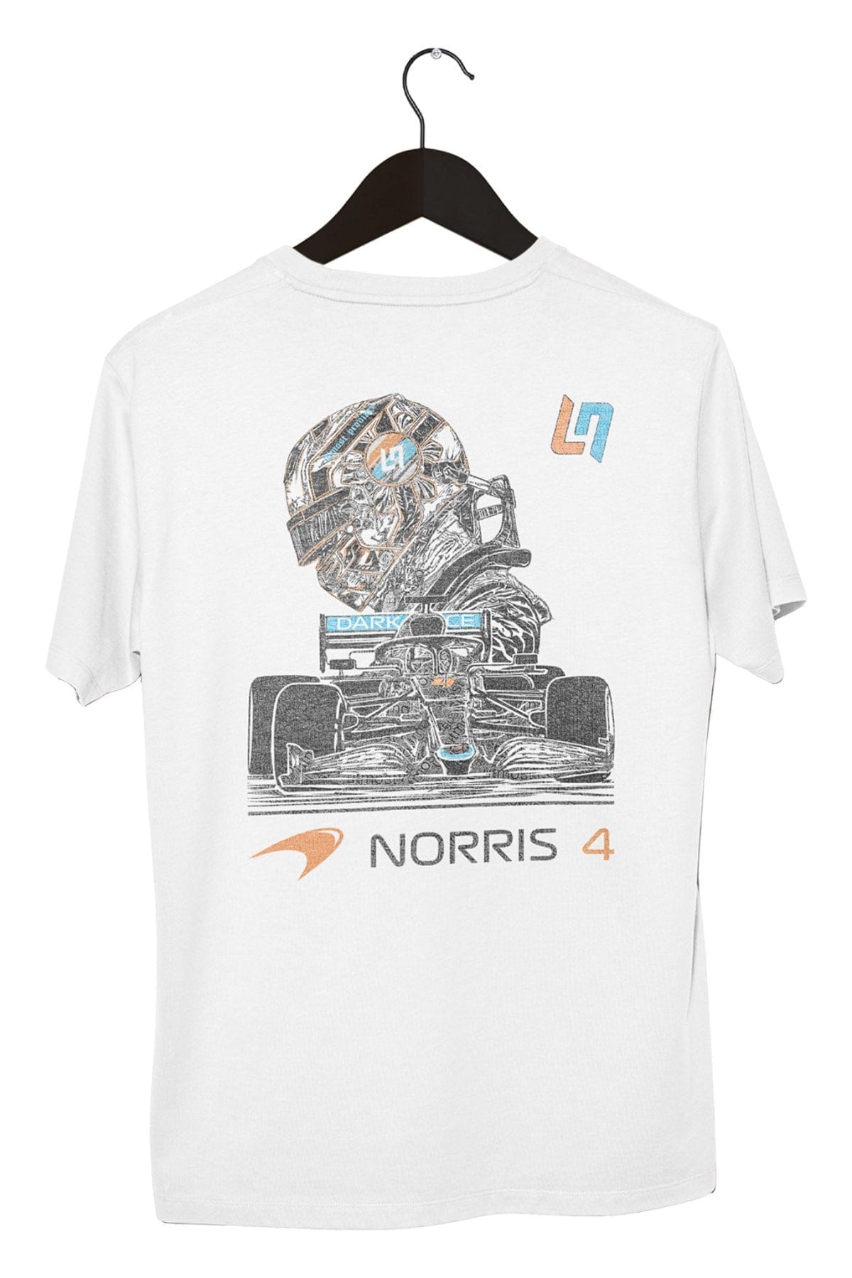 White Lando Norris F1 Mclaren t shirt on a black hanger, highlight the design printed DTG on a Comfort Colors tee.