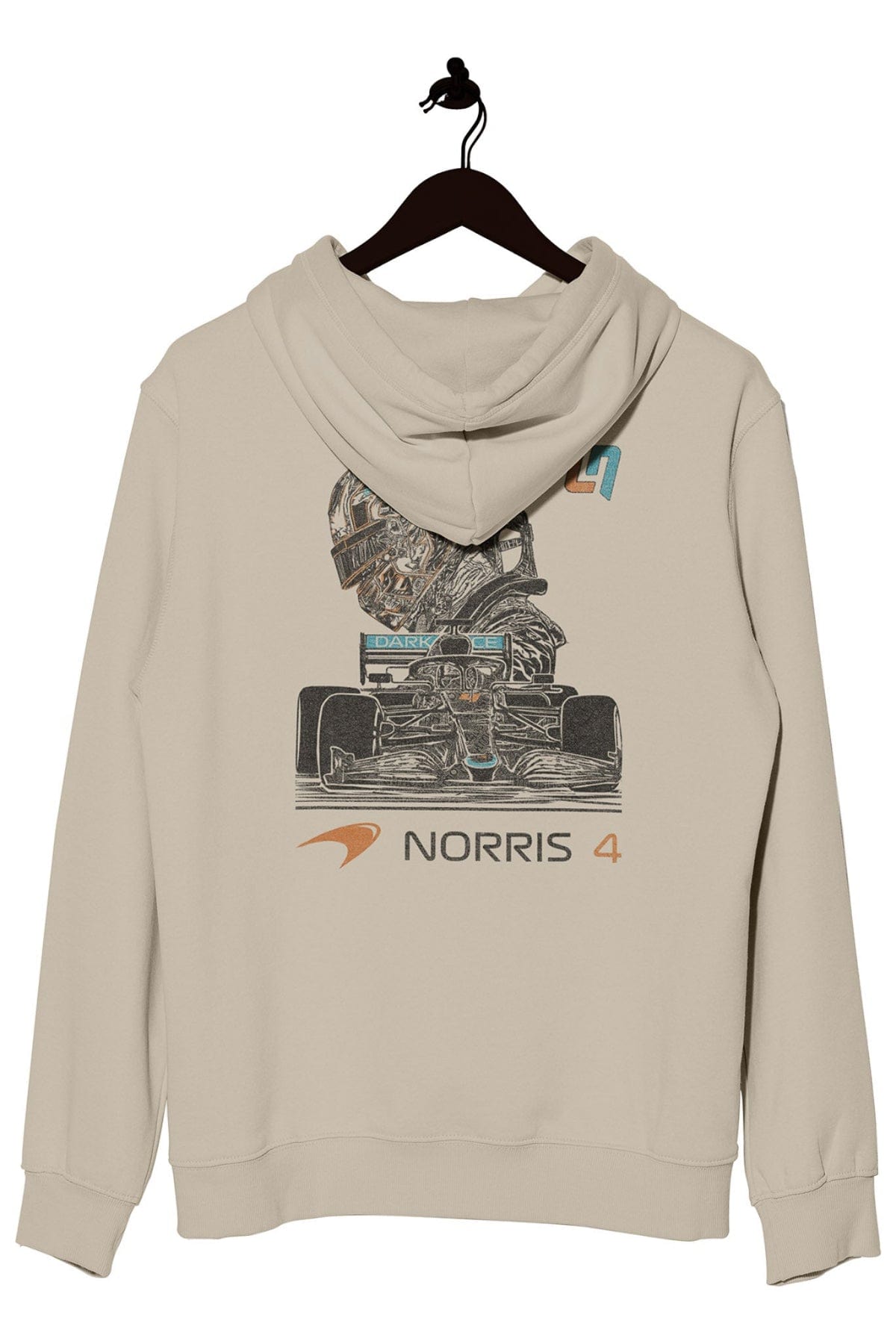 Back of a beige Gildan fleece hoodie, featuring Utmost Province's custom Lando Norris Inspired design.