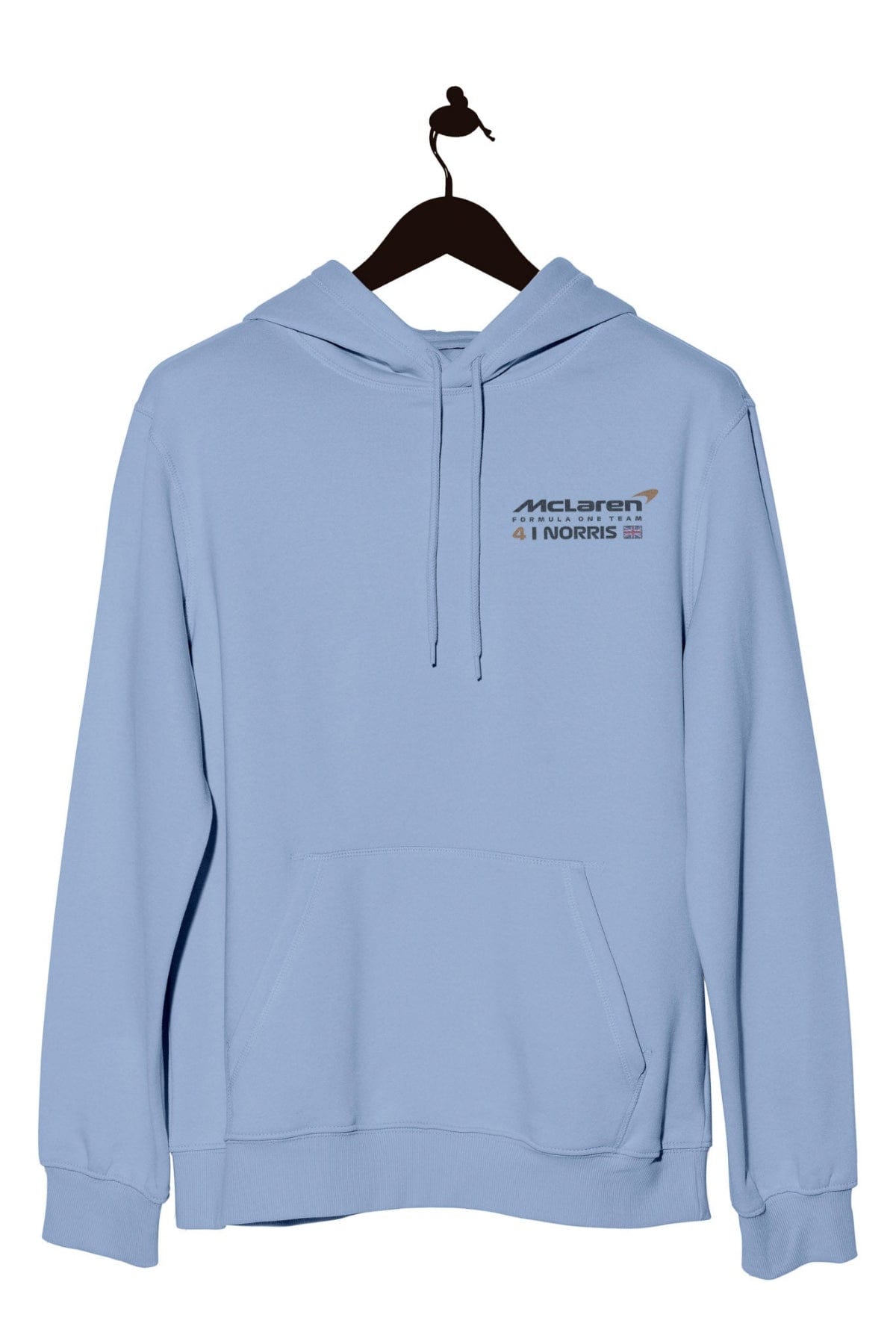 Front of a light blue Mclaren hoodie.