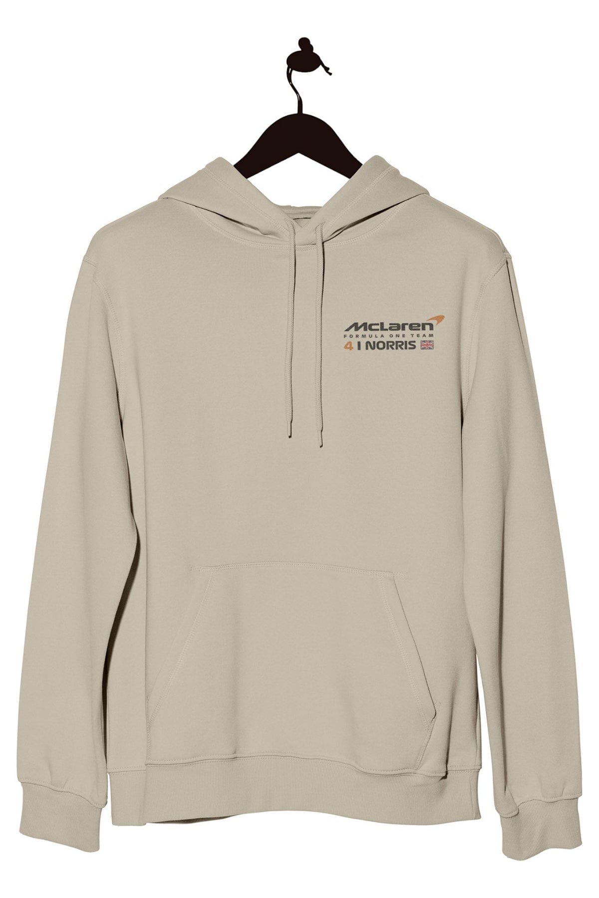 Front of a sand hoodie, featuring a custom Mclaren logo.
