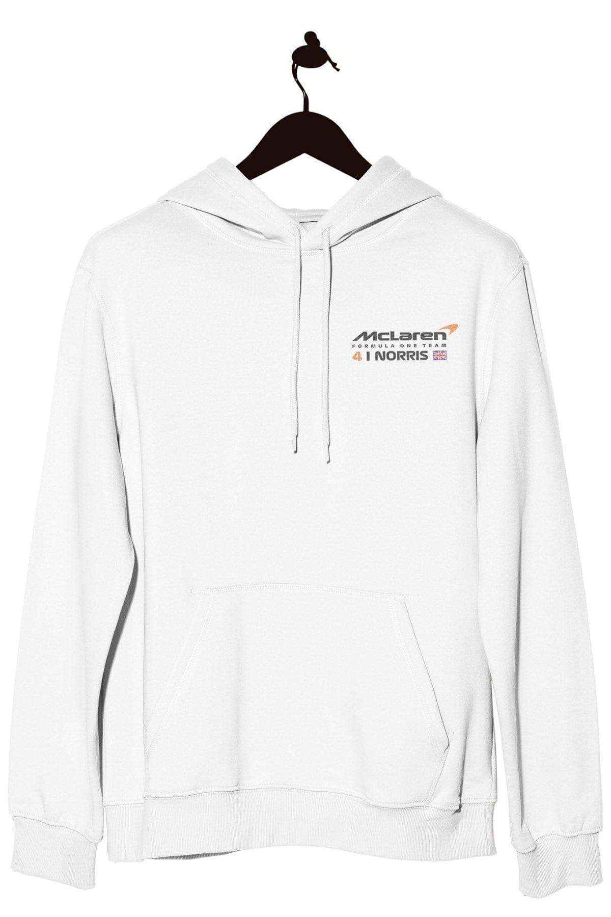 Front of a white hoodie, featuring a custom Mclaren logo.