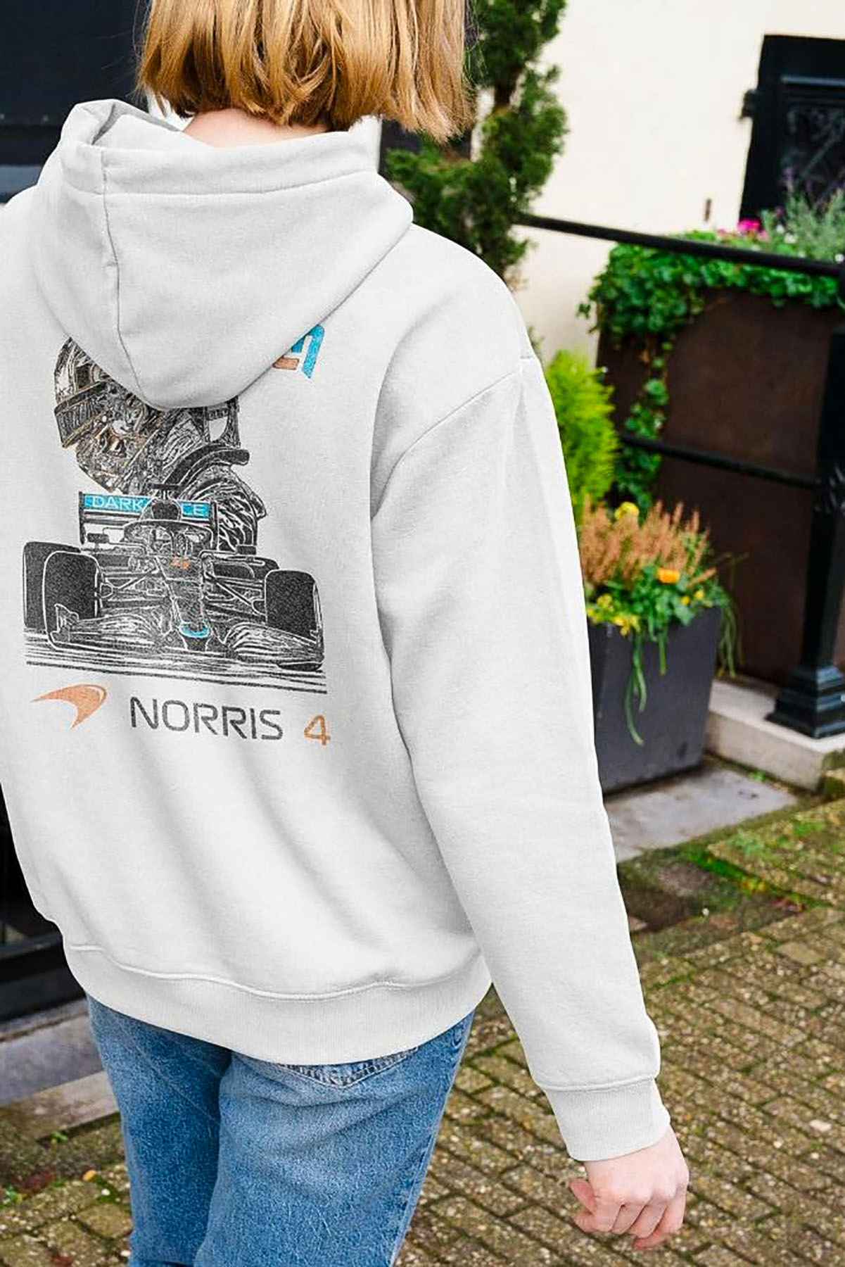 Model wearing Utmost Province Mclaren F1 hoodie inspired by Lando Norris, showcasing the graphic design on the back of the custom F1 hoodie for men and women.