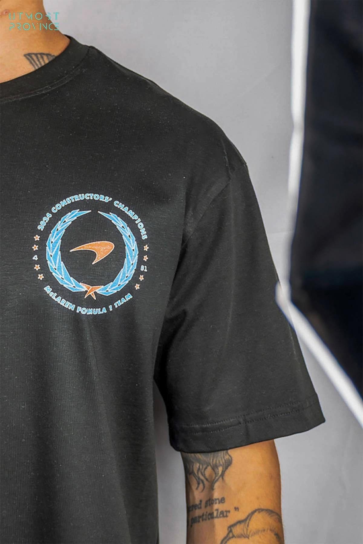 Model wearing a custom Mclaren F1 shirt, showcasing the graphic design on the front of the Lando Norris merch.