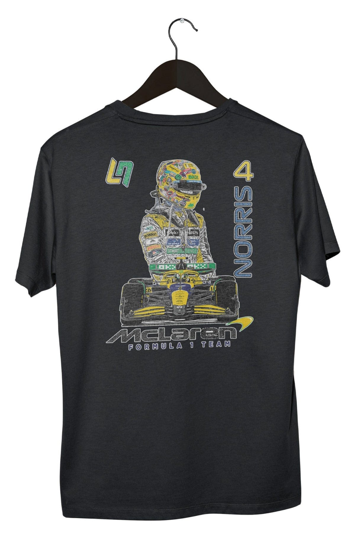 Back of a black custom Lando Norris shirt, showcasing Utmost Province unique Mclaren F1 graphic design.