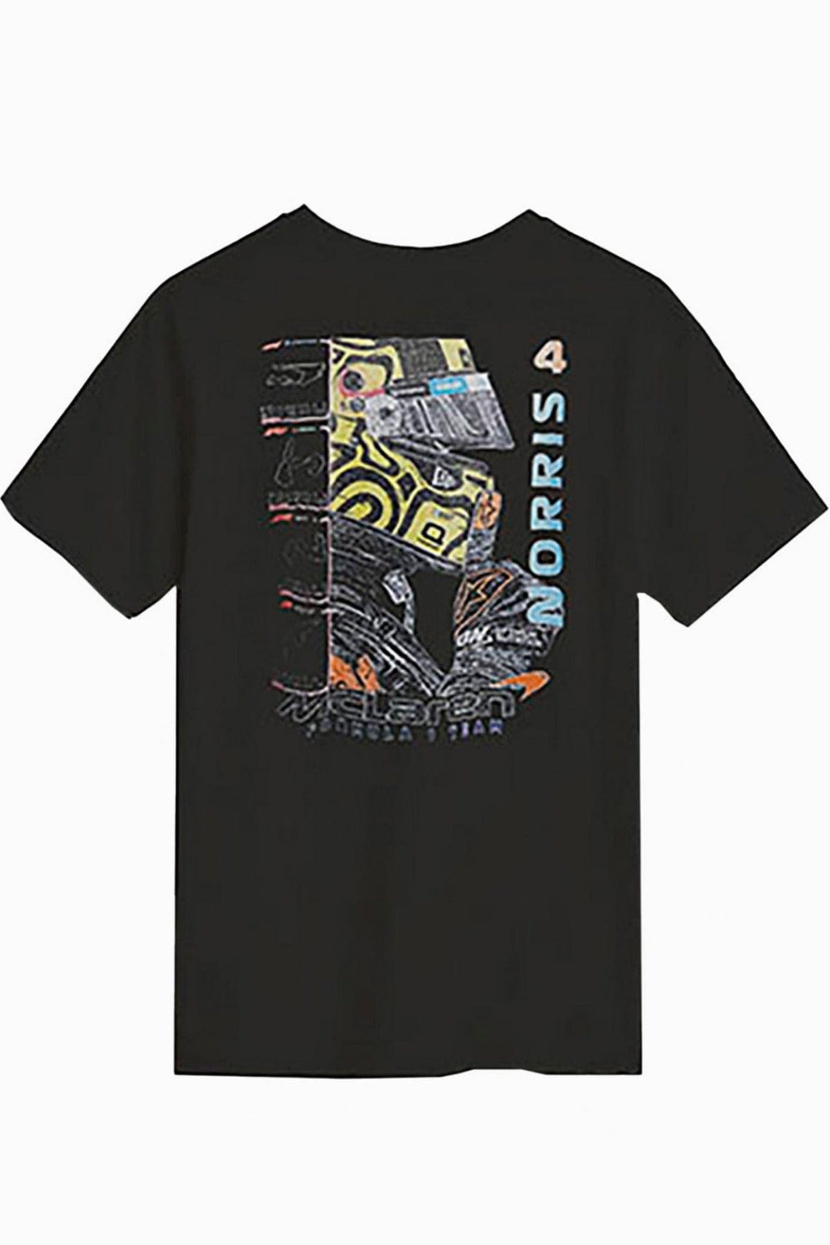 Back of a black custom Mclaren F1 shirt with a white background.