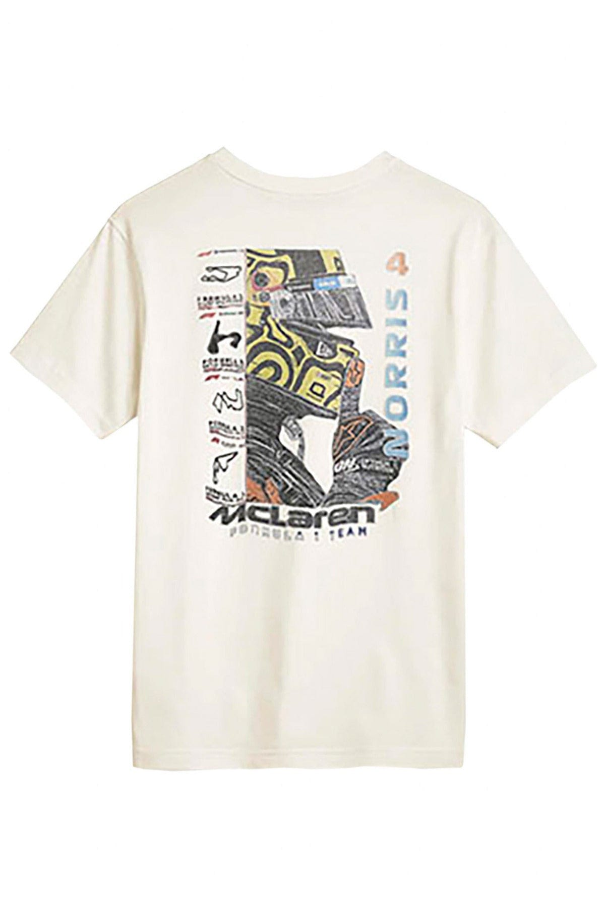 Back of a natural colored Supima cotton tee with Utmost Province custom Mclaren racing graphic design.
