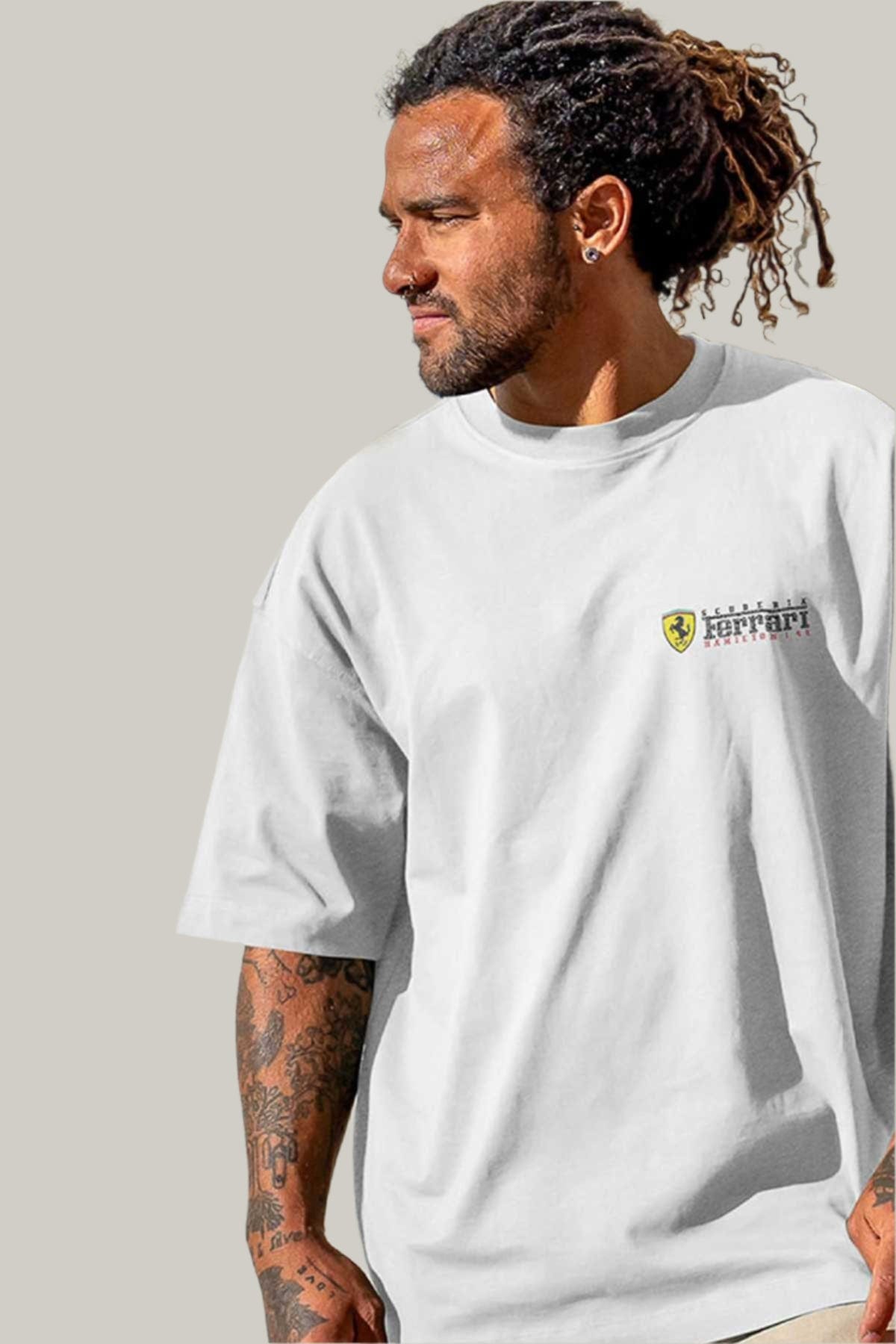 Model wearing a custom Ferrari F1 shirt, showcasing Utmost Province custom graphic design on the front left chest of the Ferrari inspired merch.
