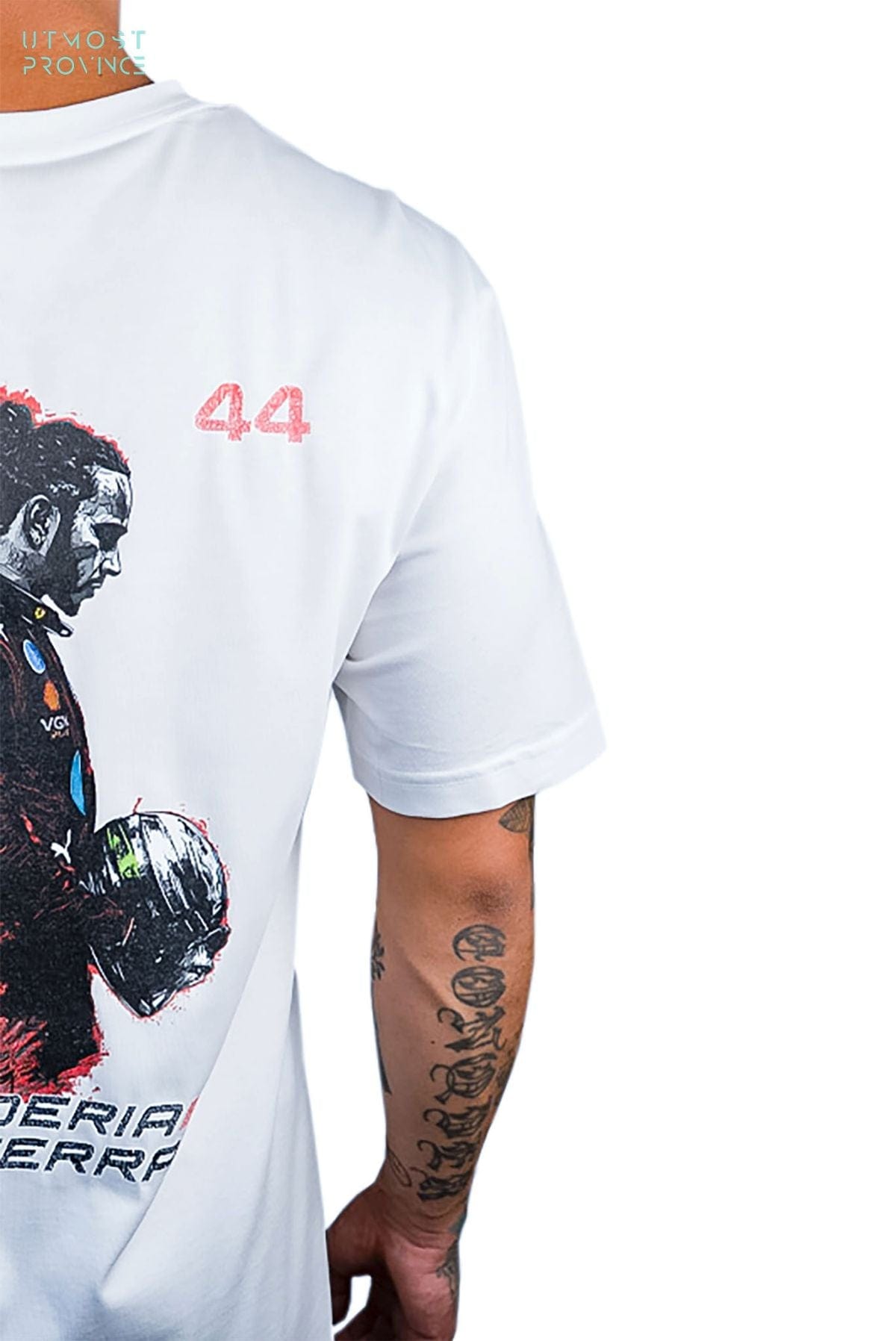 Model wearing Utmost Province custom Lewis Hamilton Ferrari F1 shirt, showcasing the back design on the graphic tee.