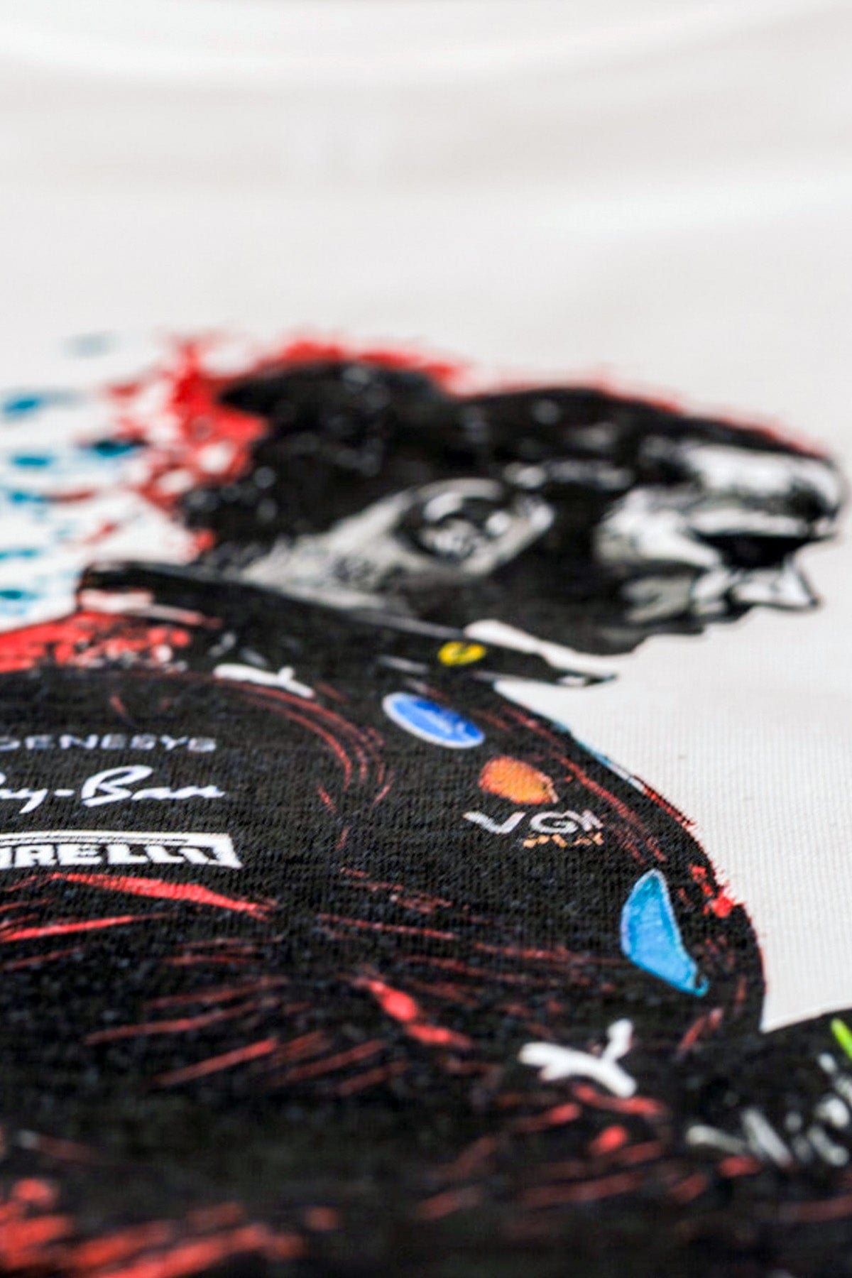 Close-up of the back of a custom Lewis Hamilton inspired graphic tee.