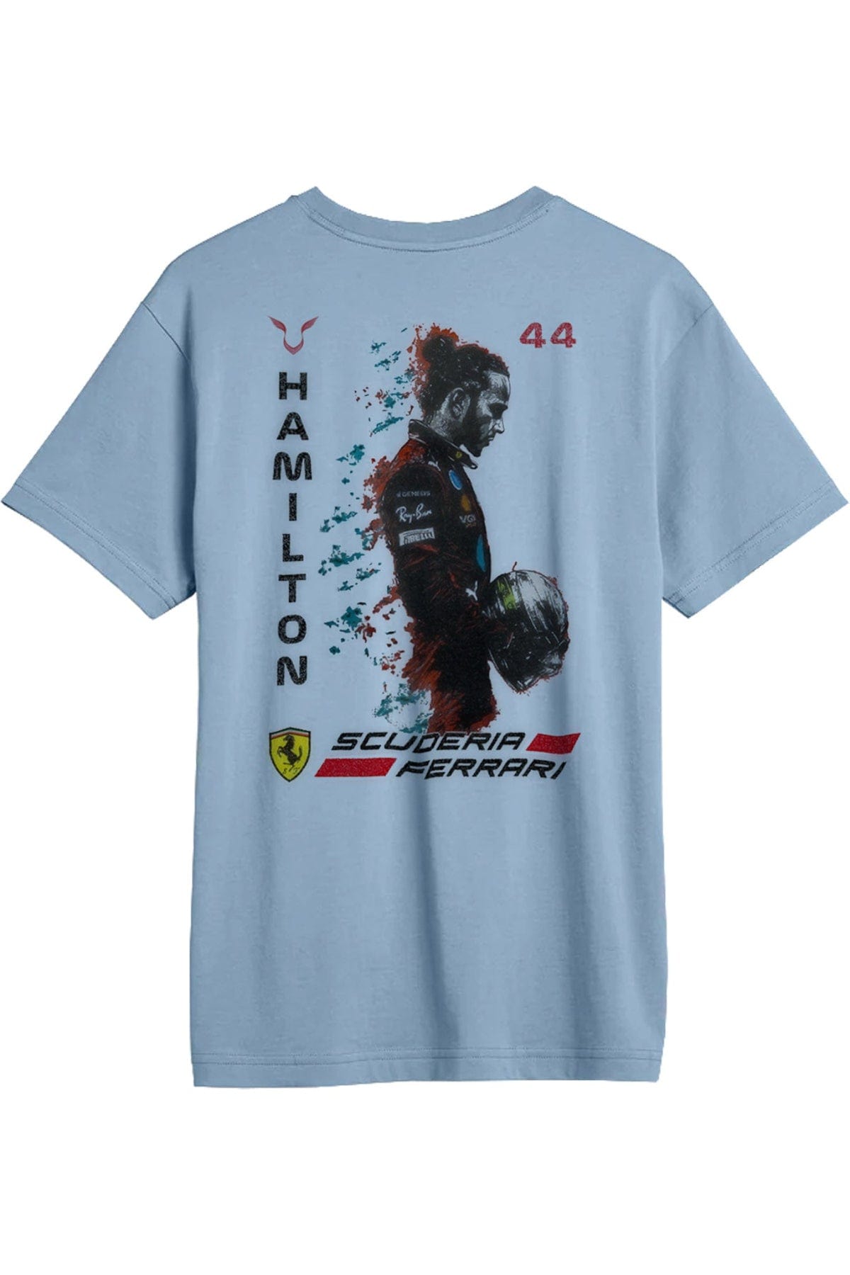 Back of a Cloudy Blue colored Lewis Hamilton Ferrari Graphic Tee.