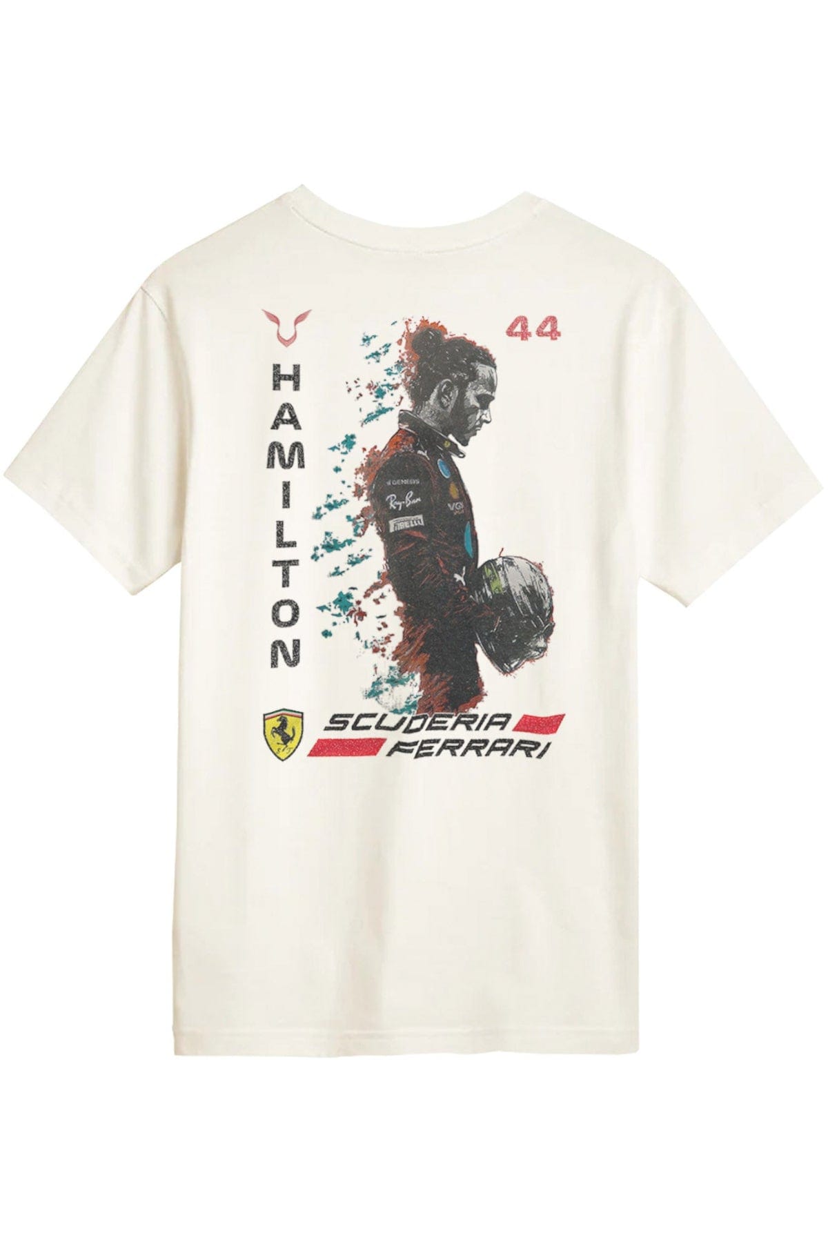 Beige t-shirt with graphic design printed on the back, inspired by Ferrari F1 driver Lewis Hamilton.