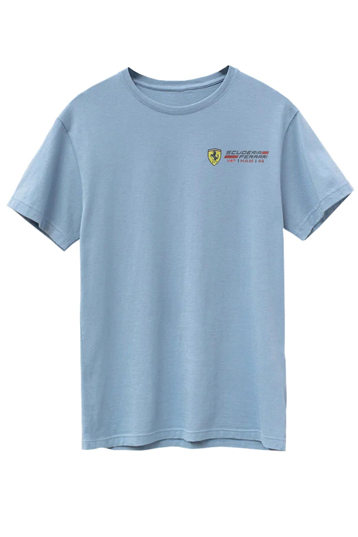 Front of a Cloudy Blue Supima cotton t-shirt with a custom Ferrari logo inspired by Lewis Hamilton.