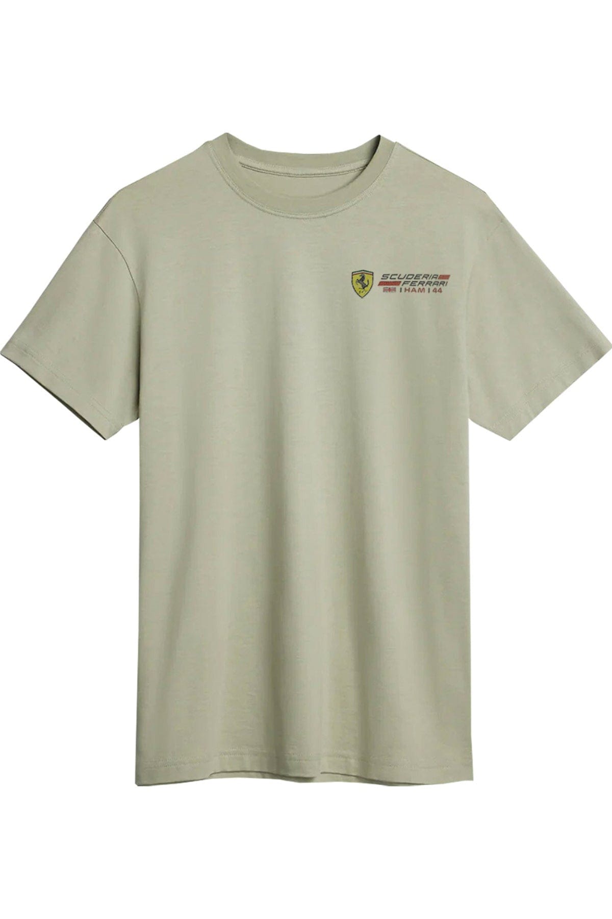 Front of a meadow colored Supima cotton t-shirt featuring a custom Ferrari-inspired logo on the front.