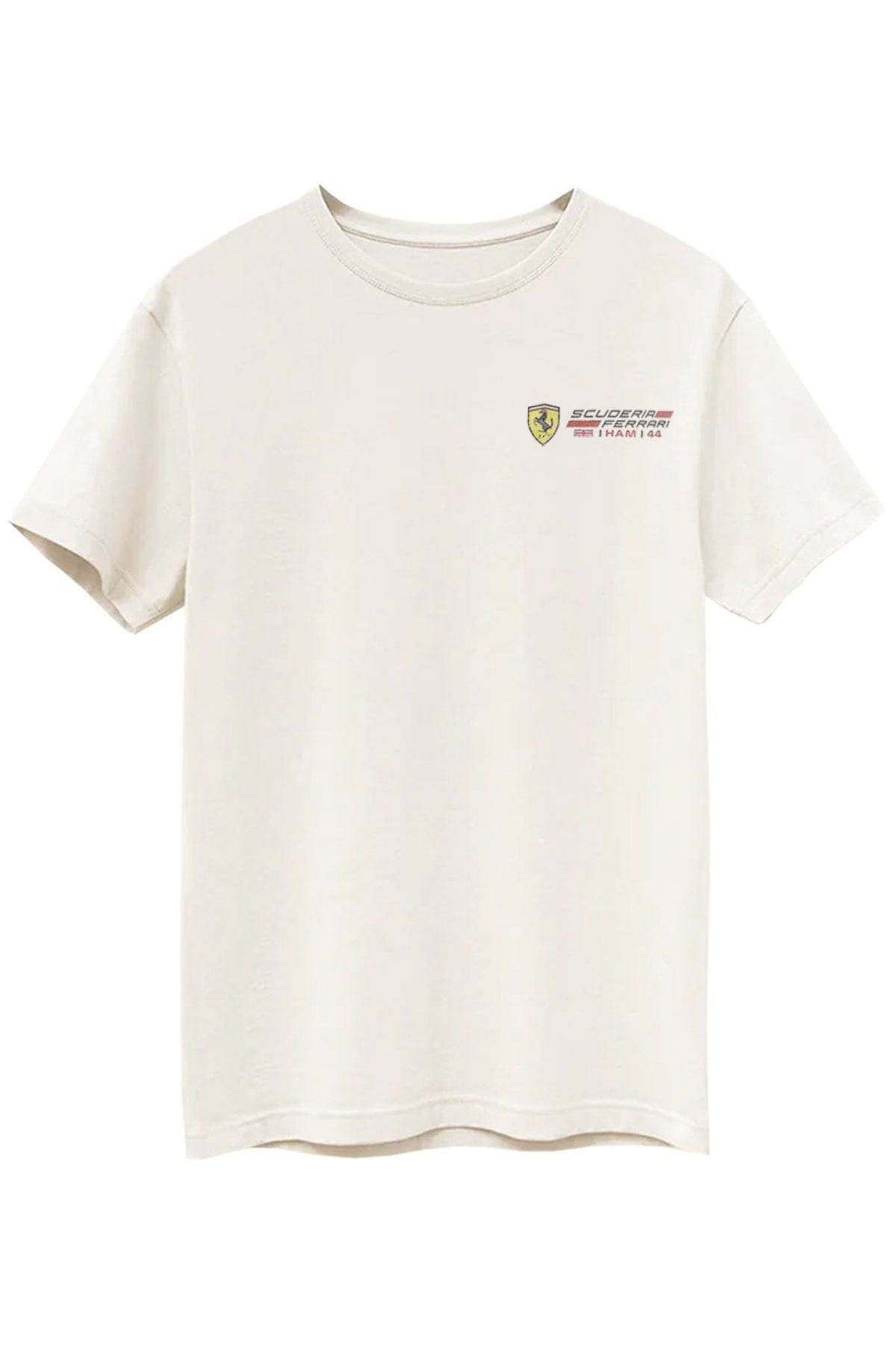 Front of a Natural colored Supima cotton t-shirt featuring a custom Ferrari-inspired logo on the front.