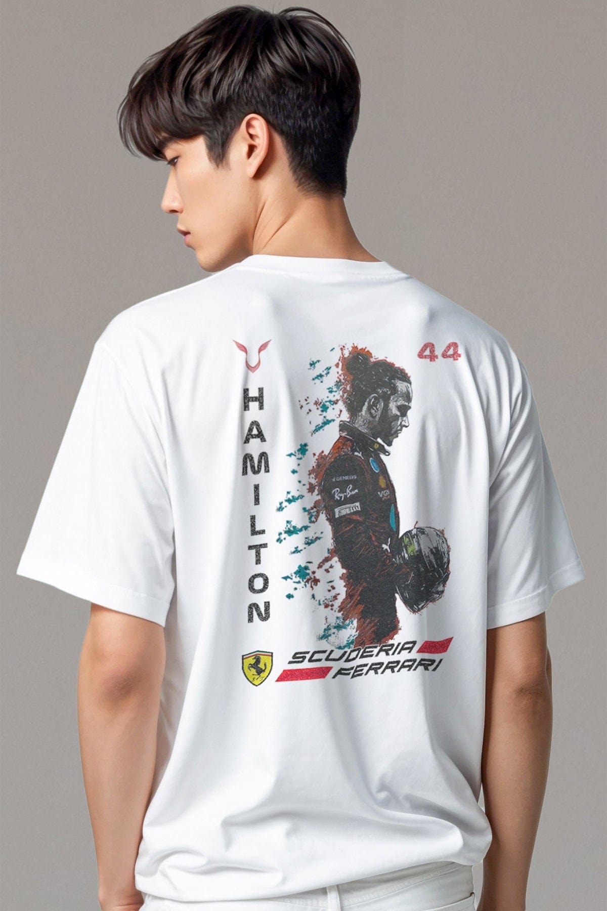 Model wearing a white t-shirt showcasing the Ferrari-inspired graphic design on the back.