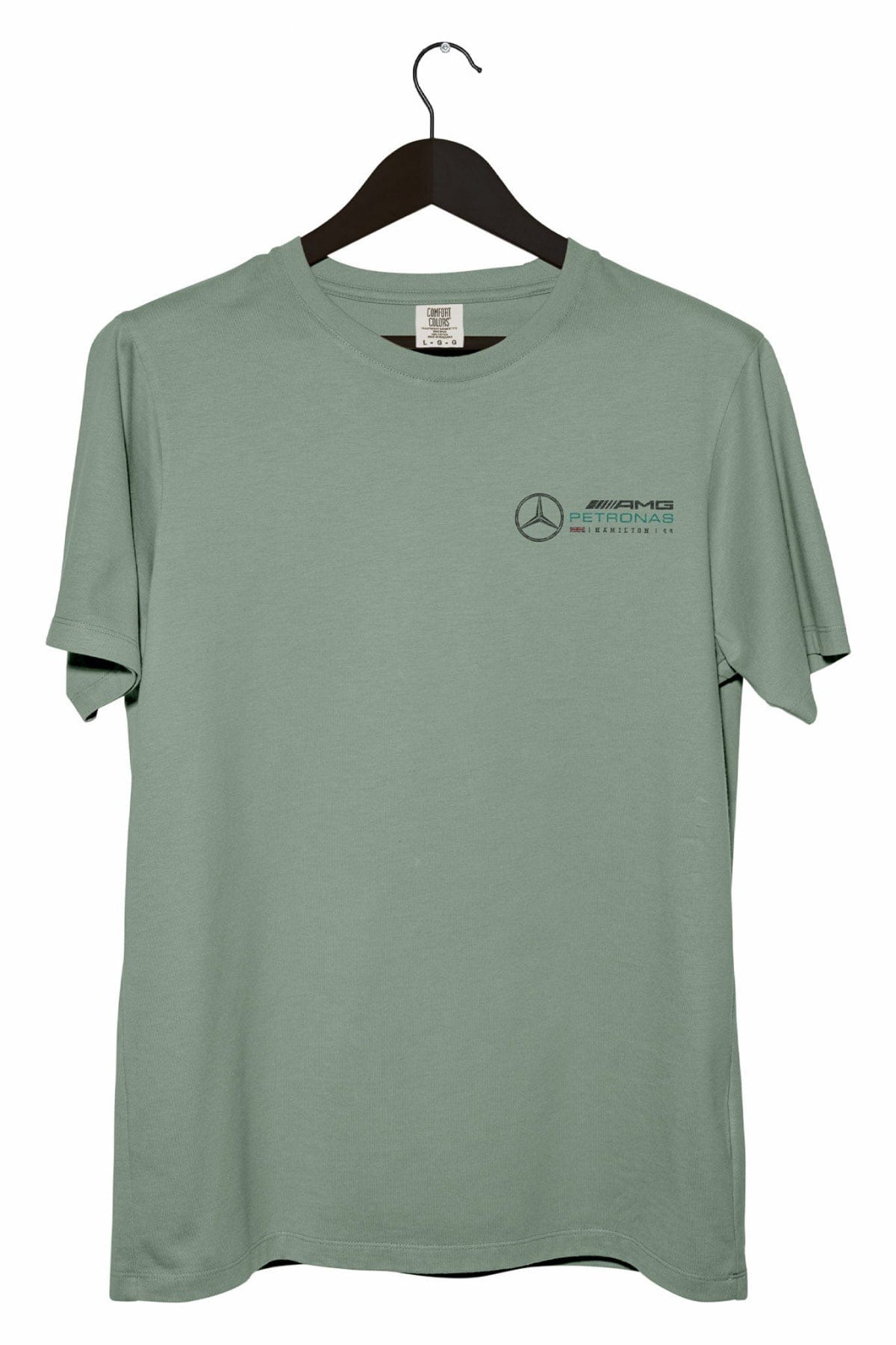 Front of a bay Comfort Colors shirt, featuring a custom Mercedes F1 graphic design.