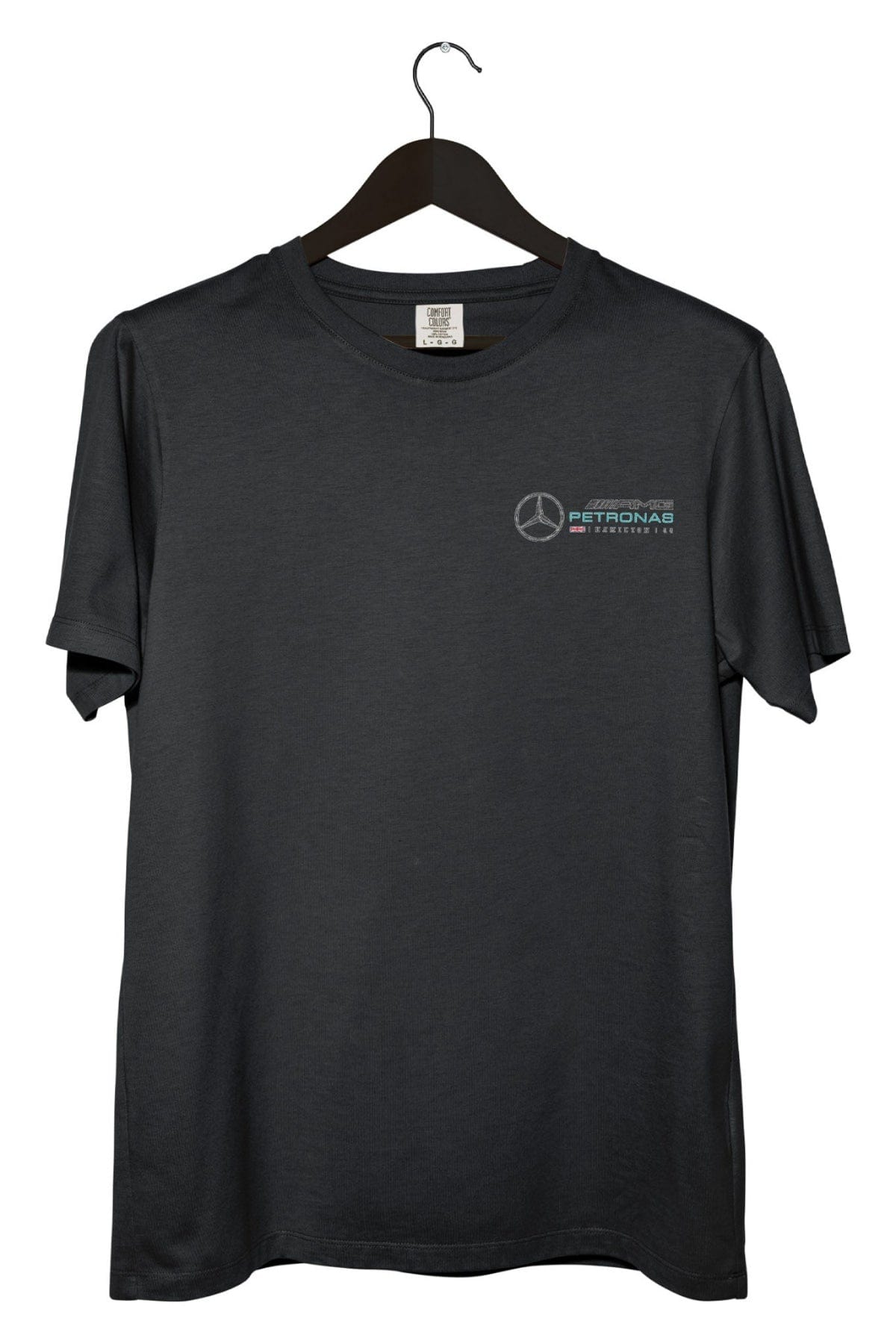 Front of a black Comfort Colors shirt, featuring a custom Mercedes F1 graphic design.