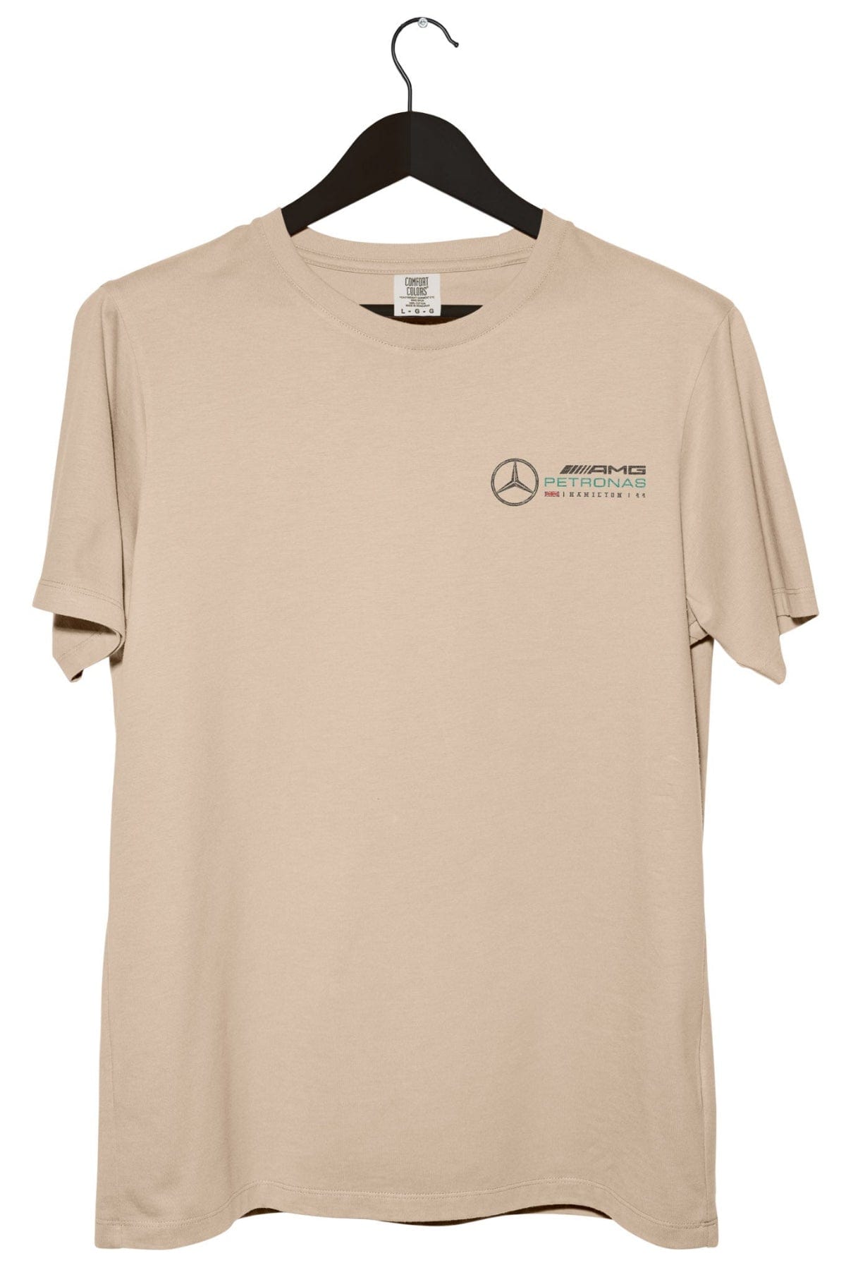 Front of a Ivory Lewis Hamilton shirt Mercedes F1 graphic tee.