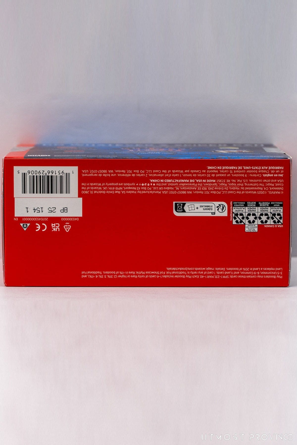 Bottom of a Magic The Gathering Spider-Man Trading card bundle box.