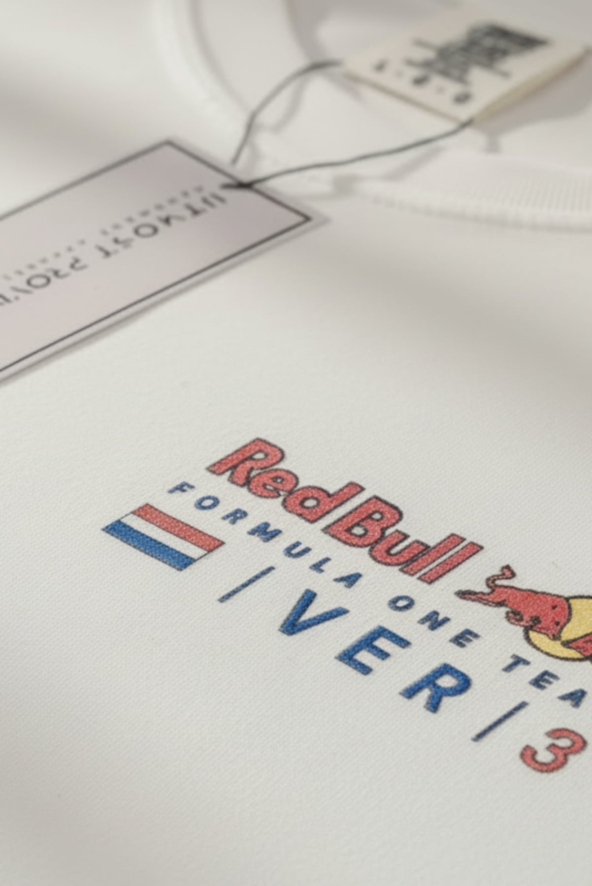 Front close up view of Max inspired Red Bull F1 t shirt, highlighting the design on handmade graphic tee.