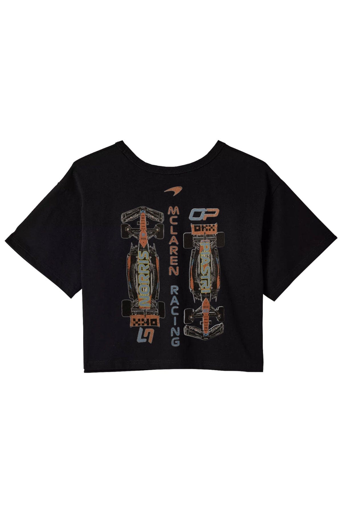 Back of a black Mclaren F1 crop top, featuring Utmost Province custom graphic design.