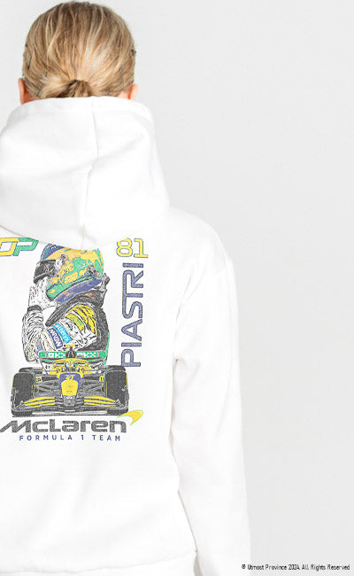 Custom Mclaren F1 hoodie presented by a model, showcasing Utmost Province's unique graphic hoodie.