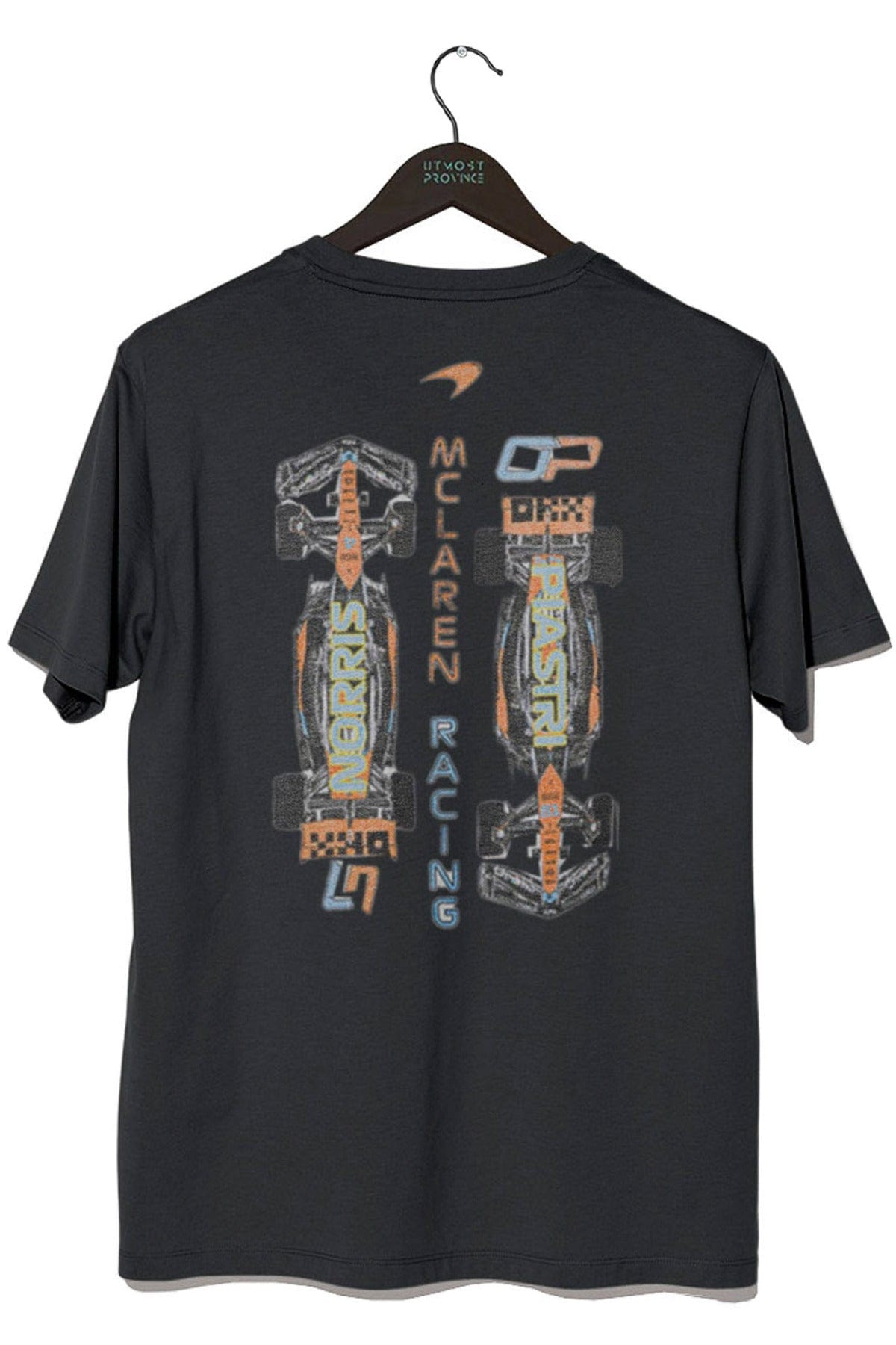 Back of a black Comfort Colors tee, showcasing Utmost Province custom design inspired by Oscar Piastri.