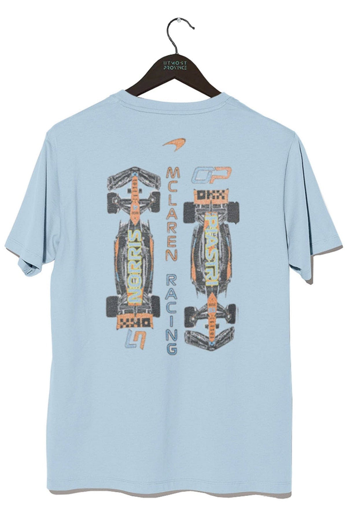 Back of a chambray Comfort Colors tee, showcasing Utmost Province custom design inspired by Lando Norris.