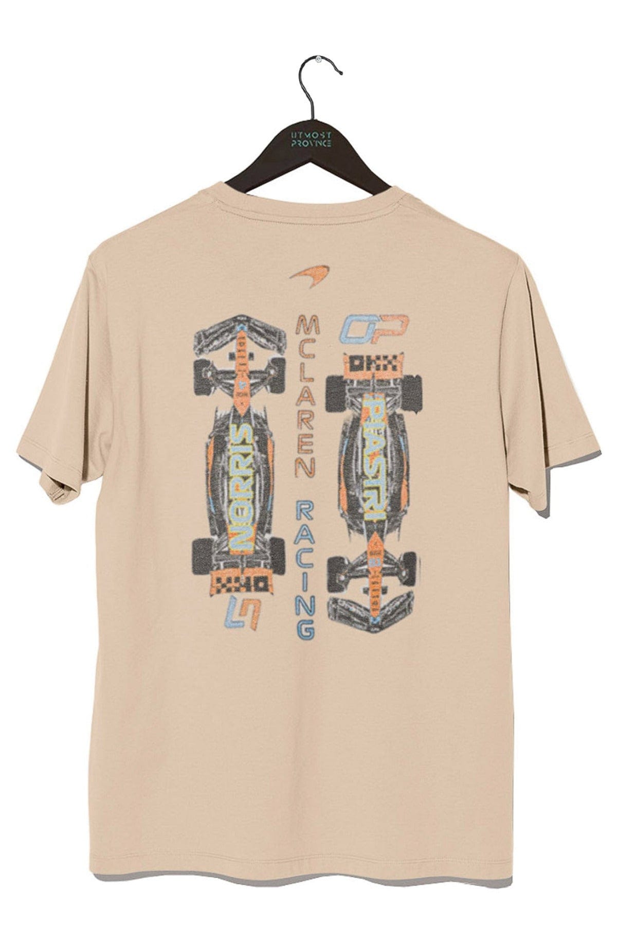 Back of a beige Comfort Colors shirt featuring Utmost Province custom Mclaren racing graphic design.