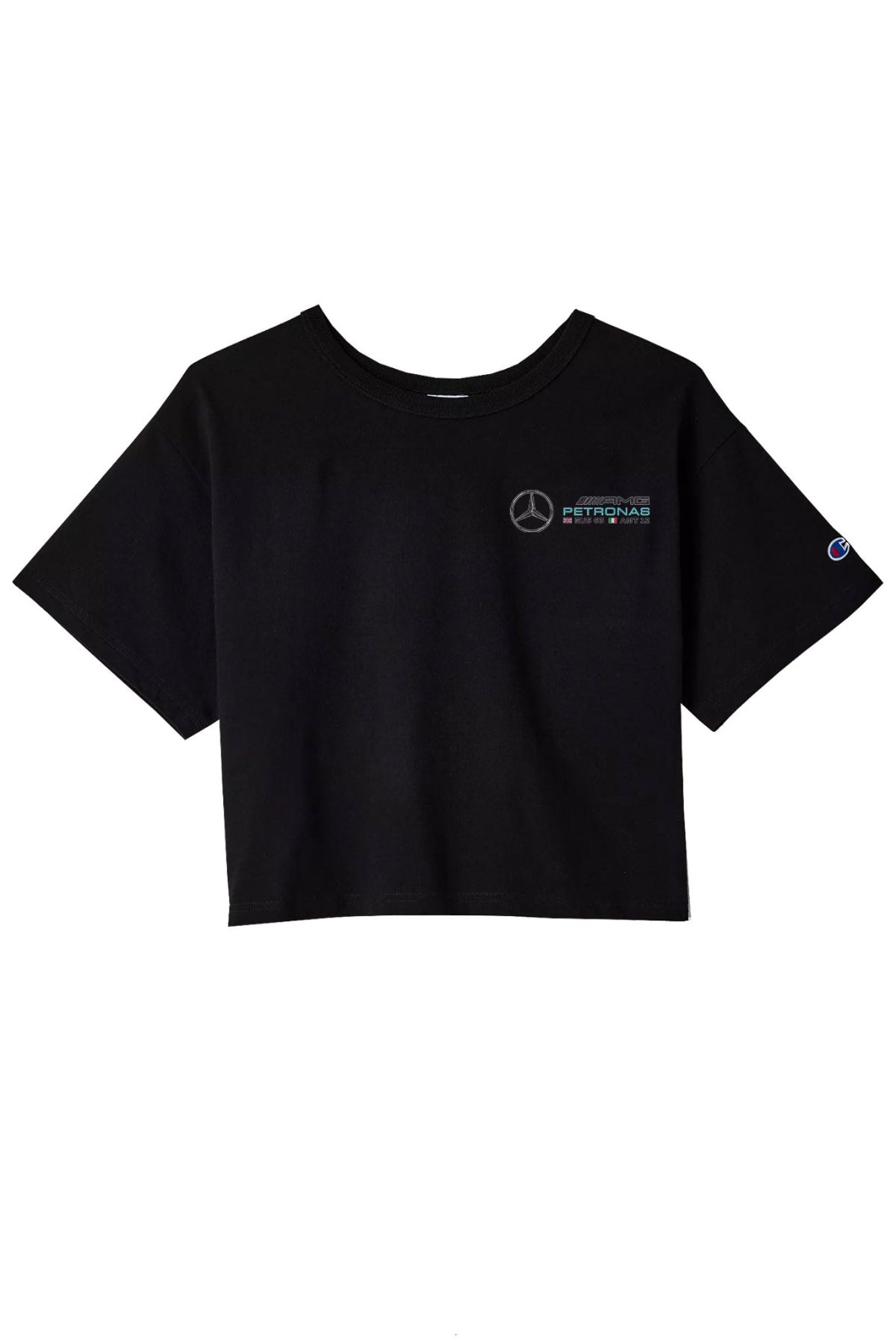 Front of a black crop top, featuring Utmost Province custom Mercedes F1 logo.