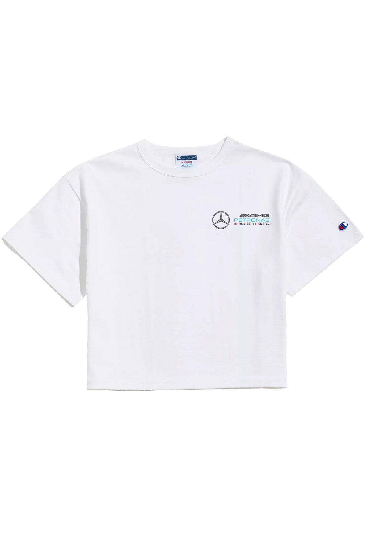 Front of a white cropped shirt, featuring a custom Mercedes racing logo.