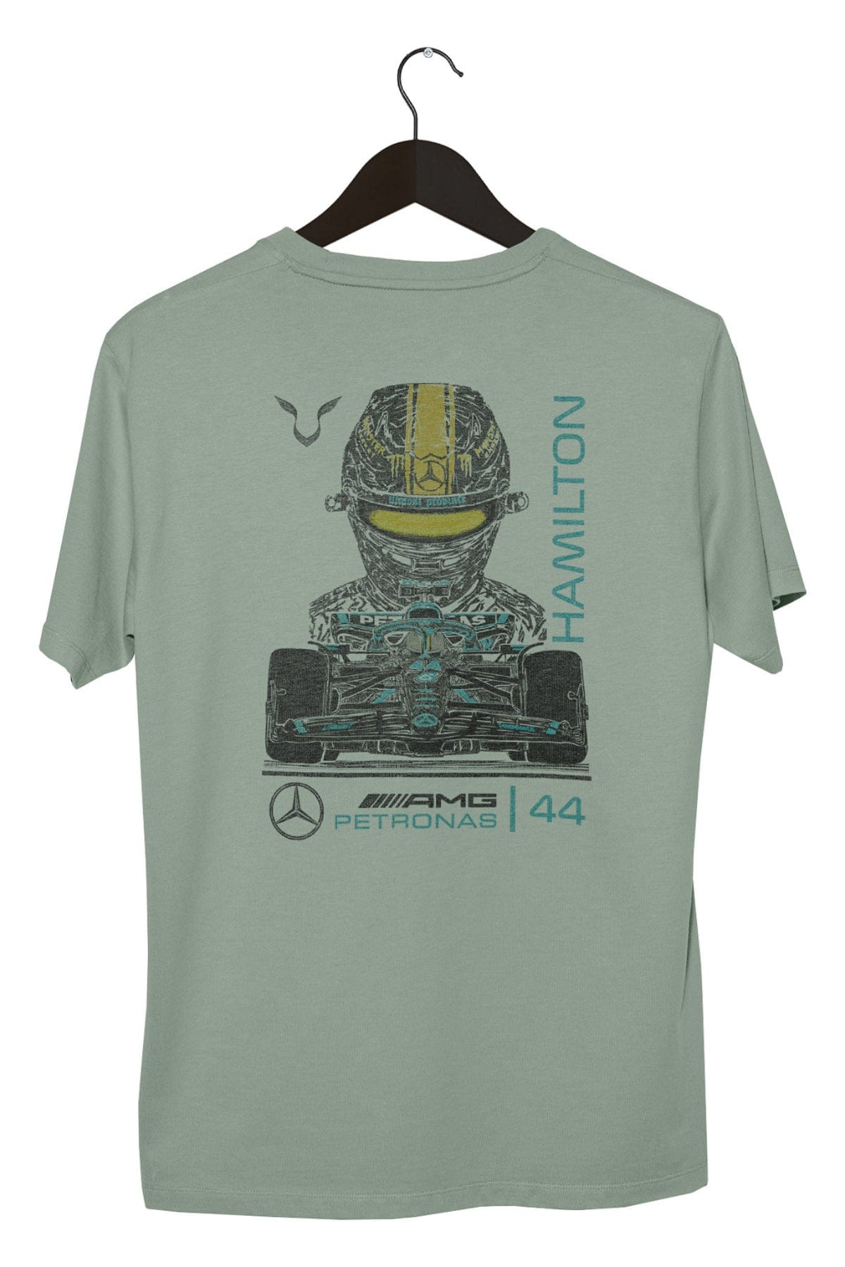 Bay Mercedes F1 Lewis Hamilton T Shirt on a black hanger with a white background.