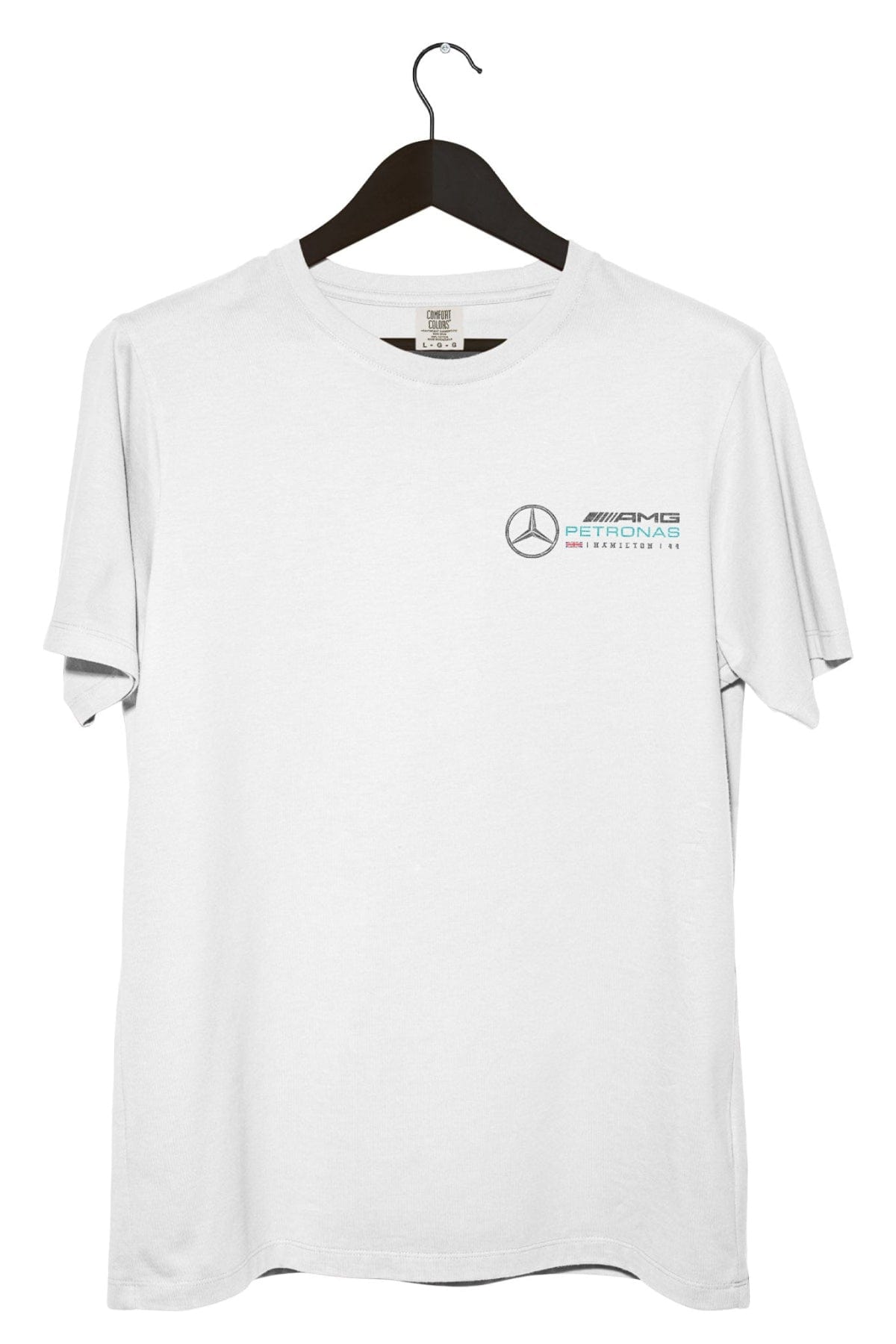 Front of a White Comfort Colors shirt on a hanger with a custom Mercedes F1 team logo.