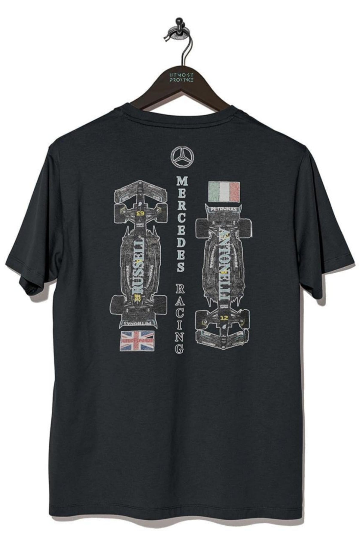Back of Utmost Province Mercedes F1 graphic tee on a hanger with a white background.