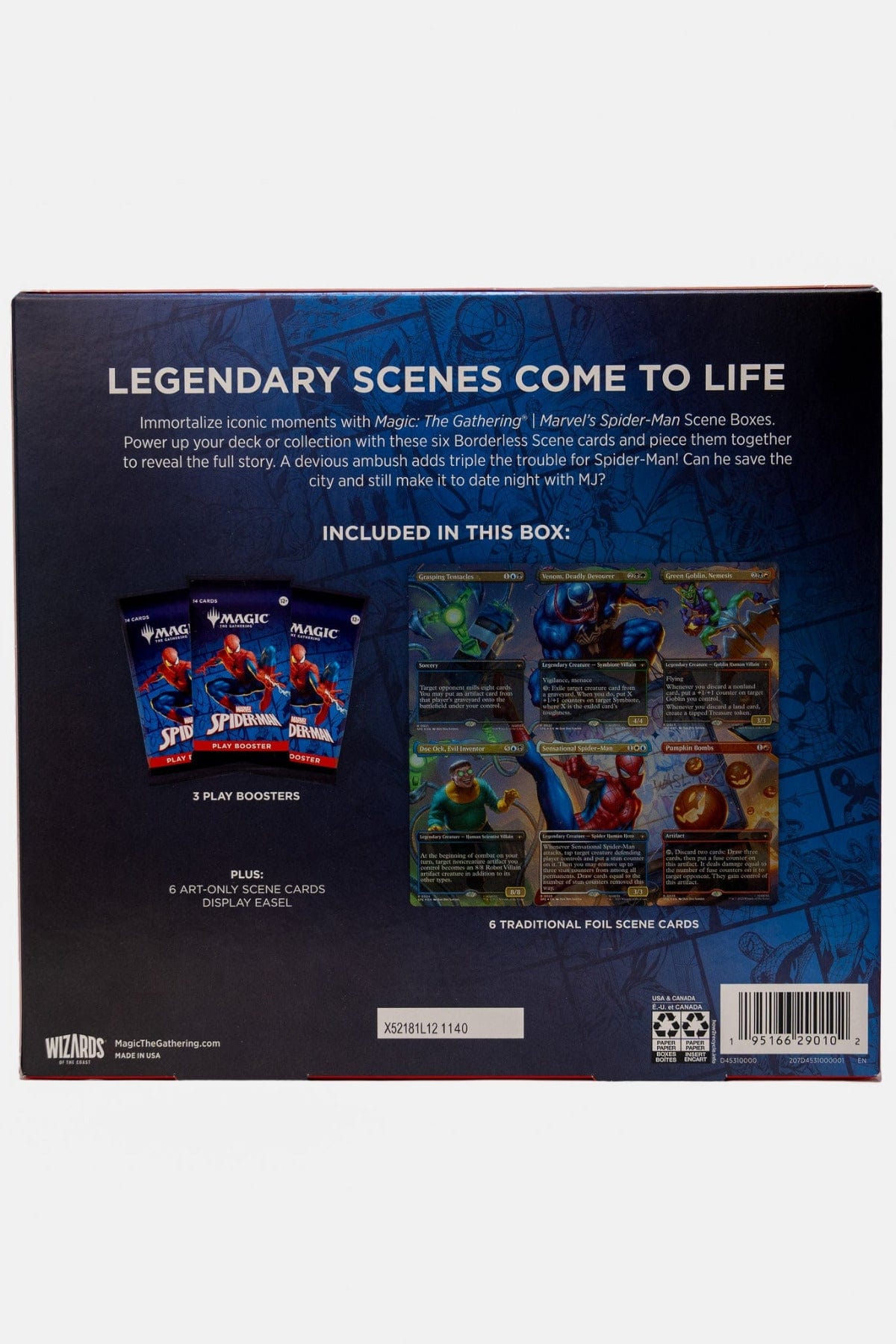 Back view of a the MTG Spiderman trading card game packaging with text and images of cards.