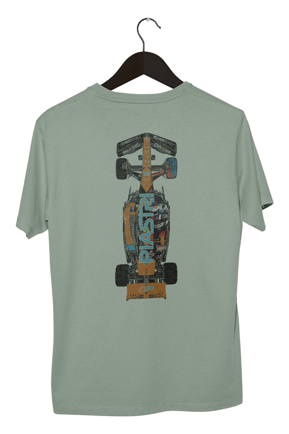 Back of a Comfort Colors bay shirt with Utmost Province custom Mclaren F1 race car graphic design on a hanger.